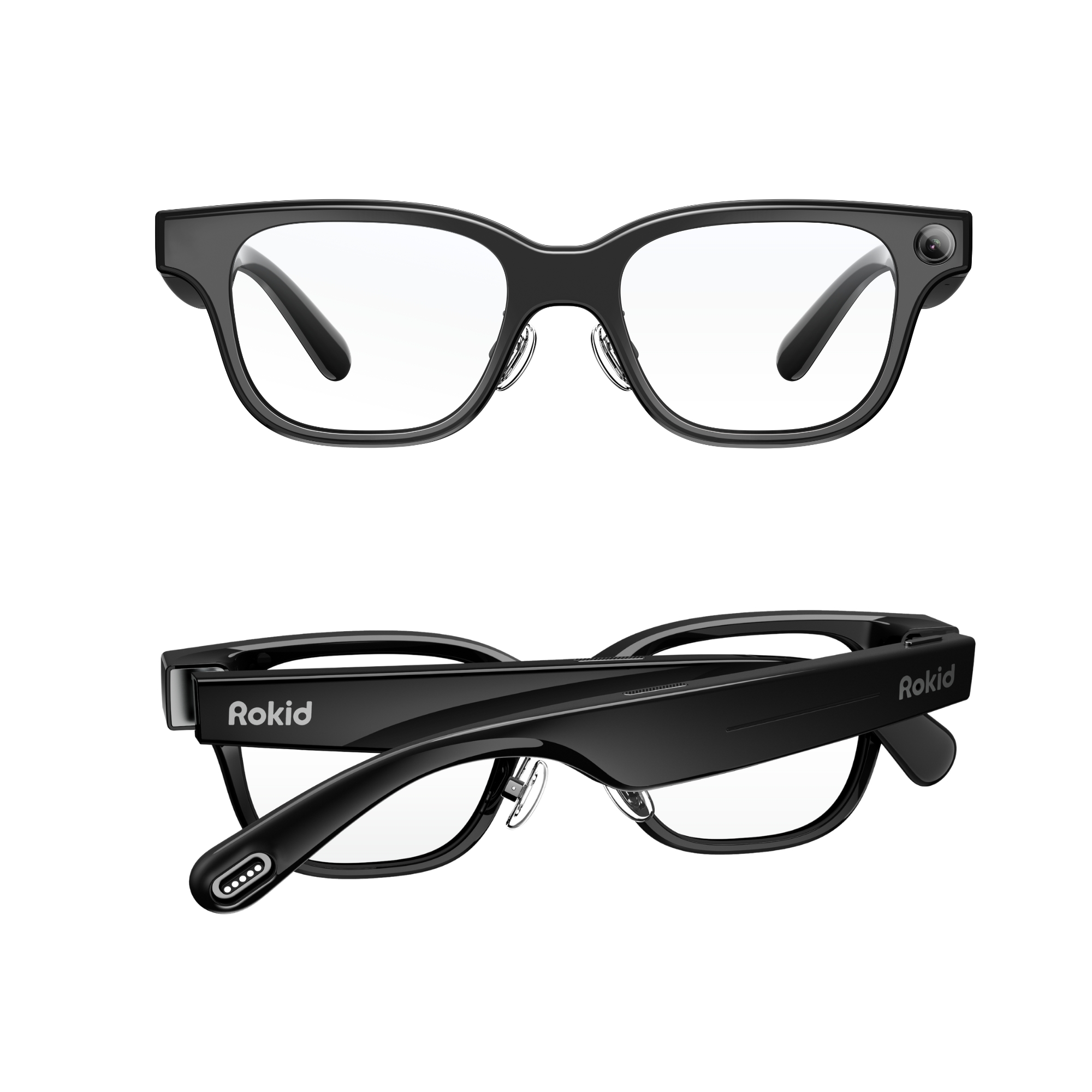 Gafas negras con lentes transparentes, cámara y logo ROKID.