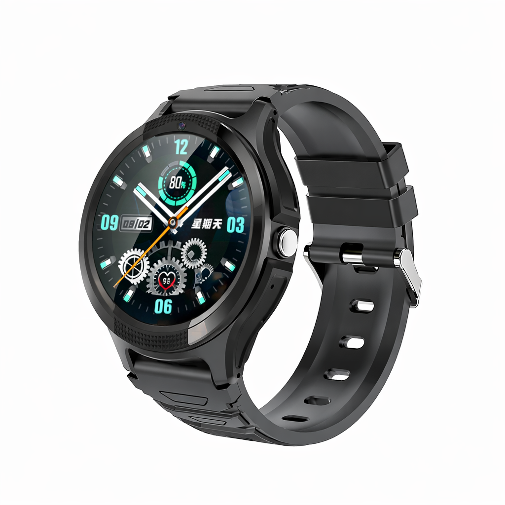 Schwarze Smartwatch mit rundem Zifferblatt und Silikonarmband, zeigt Uhrzeit und Daten.