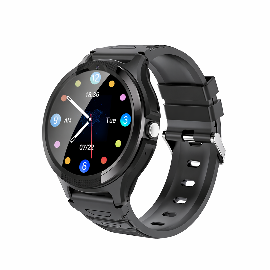 Eine schwarze Smartwatch mit rundem Display und Silikonarmband.