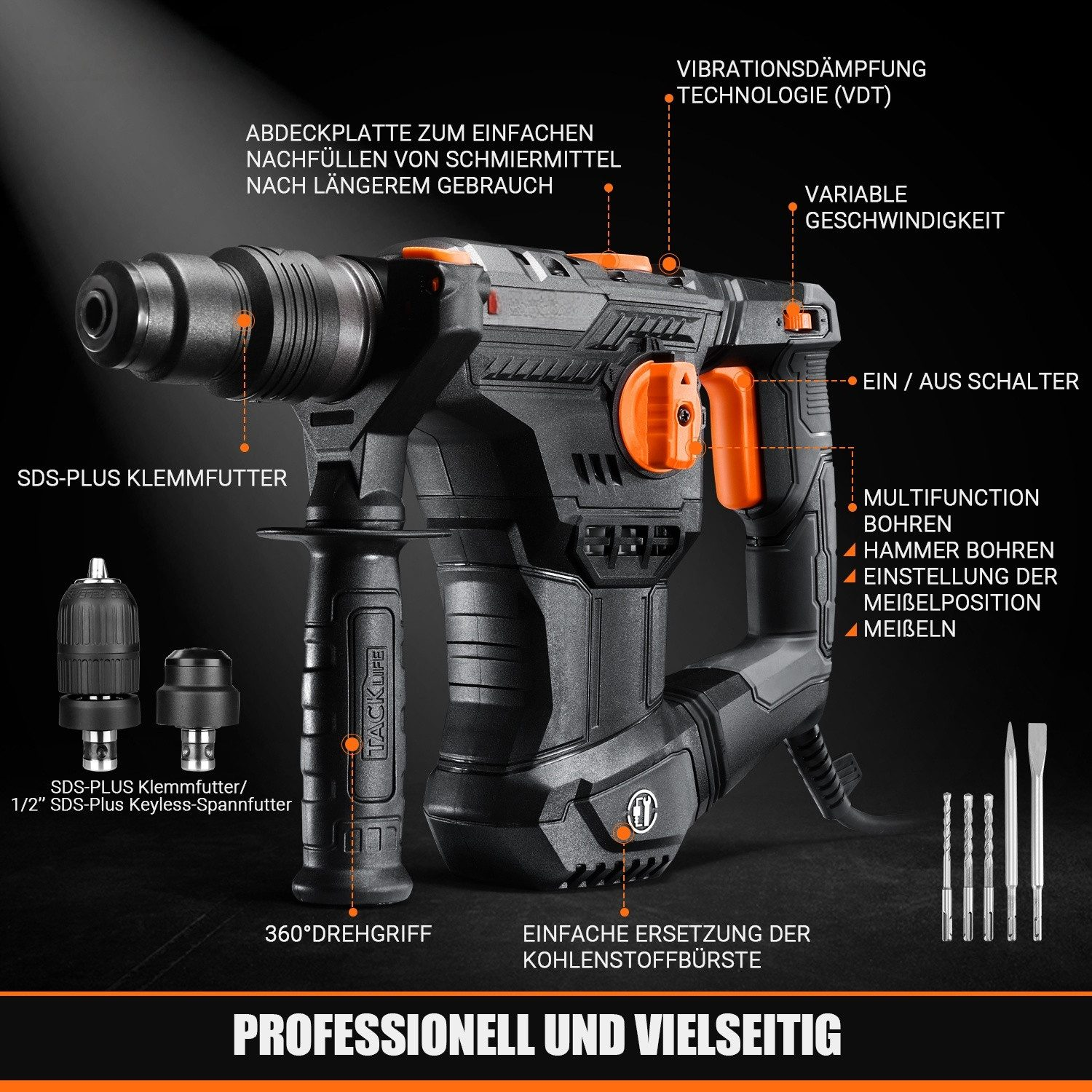 Detailansicht eines schwarzen und orangen Bohrhammers mit Zubehör und Beschriftungen.