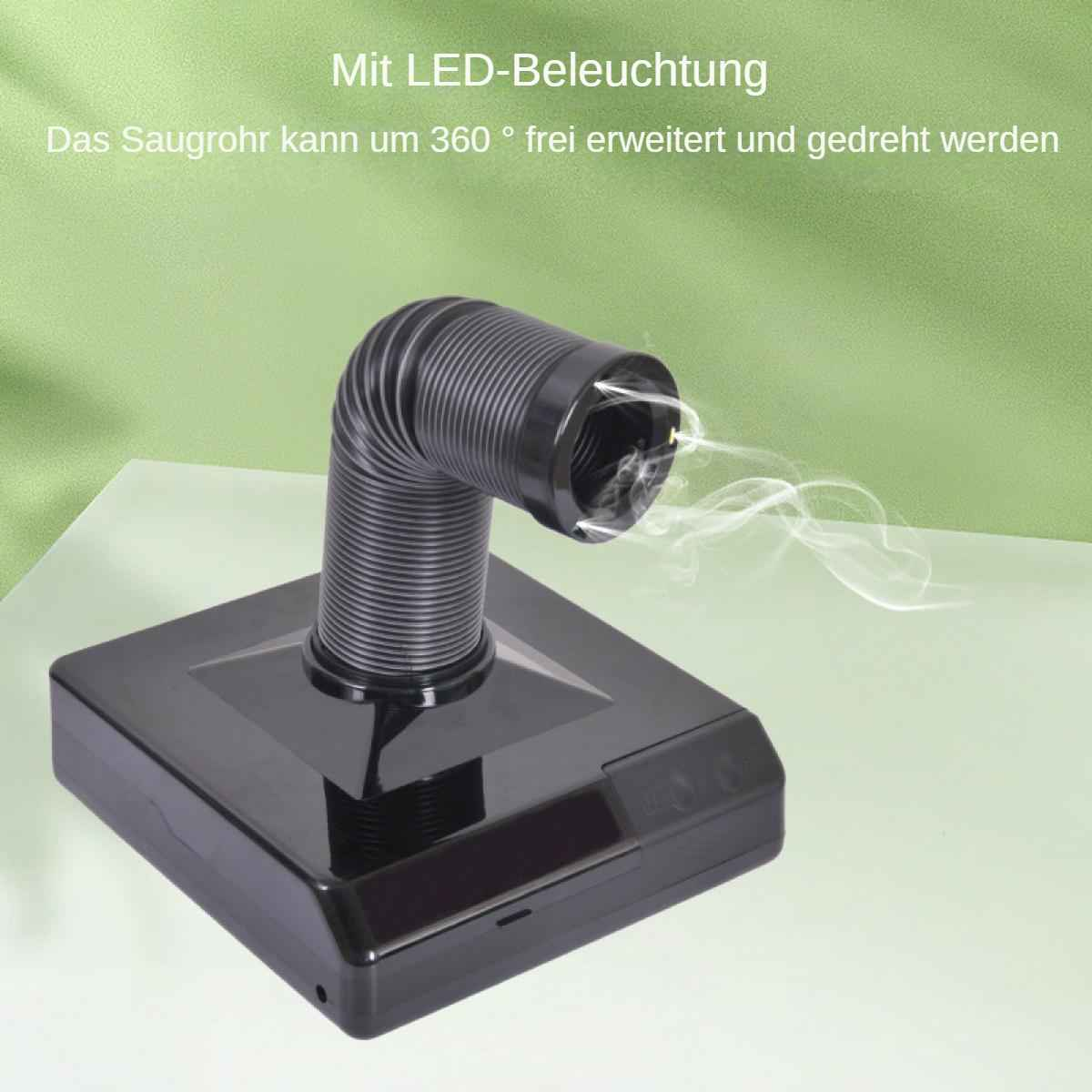 Schwarzes Absaugrohr mit LED-Beleuchtung saugt Rauch ab.