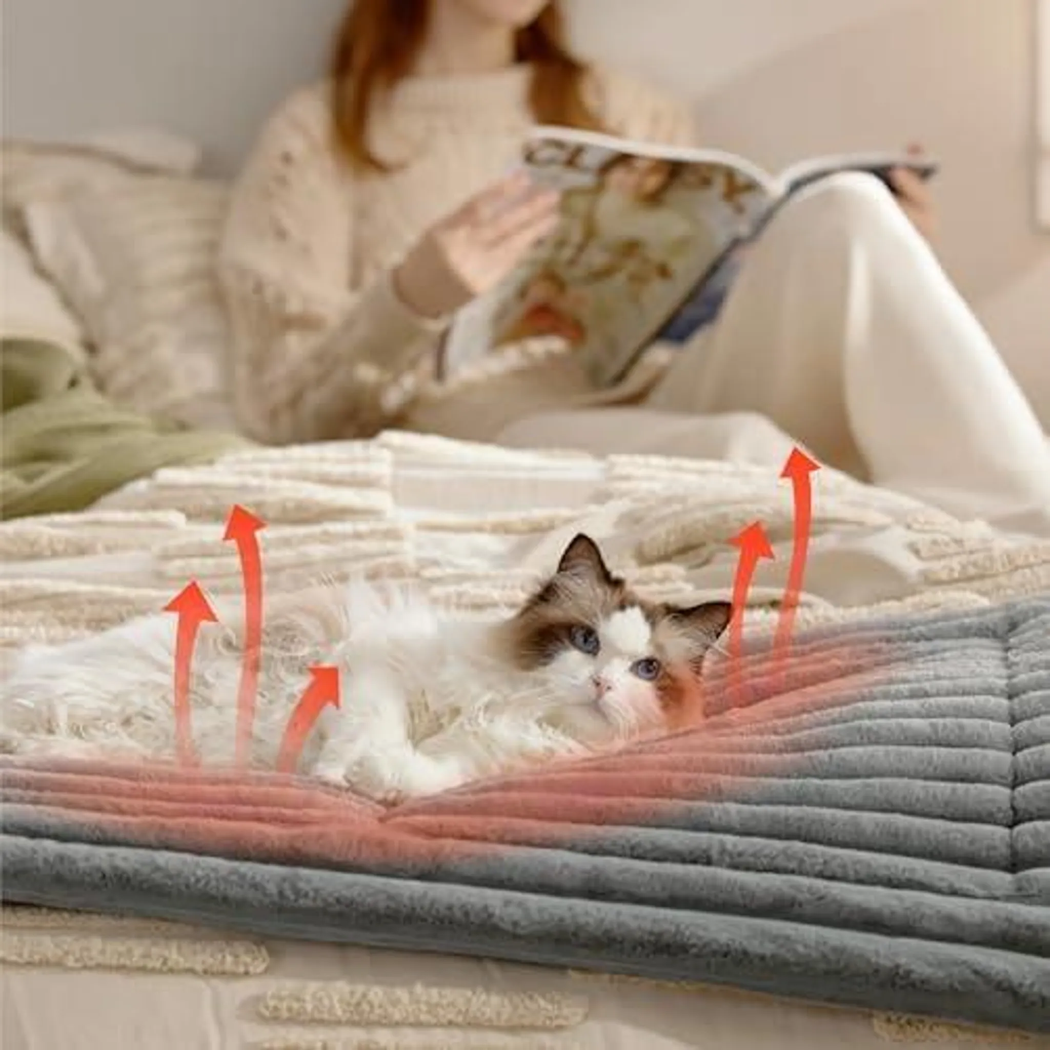 Eine Katze liegt auf einer Heizmatte, während eine Person im Hintergrund liest.