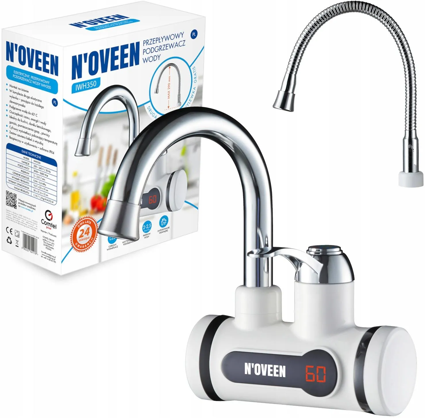 Biały podgrzewacz przepływowy z chromowaną baterią i elastyczną wylewką.