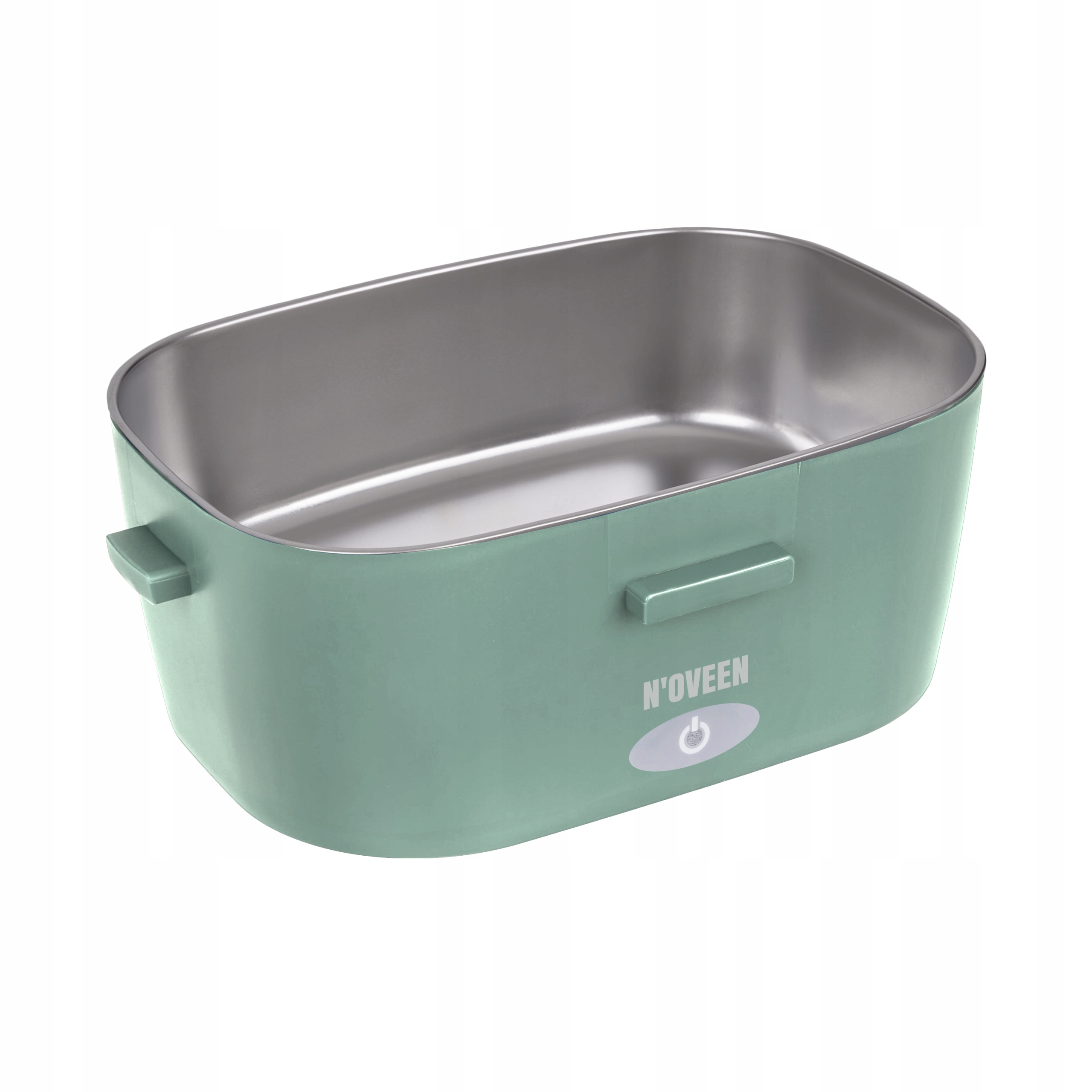 Un contenitore per il pranzo elettrico verde con interno e manici argentati.