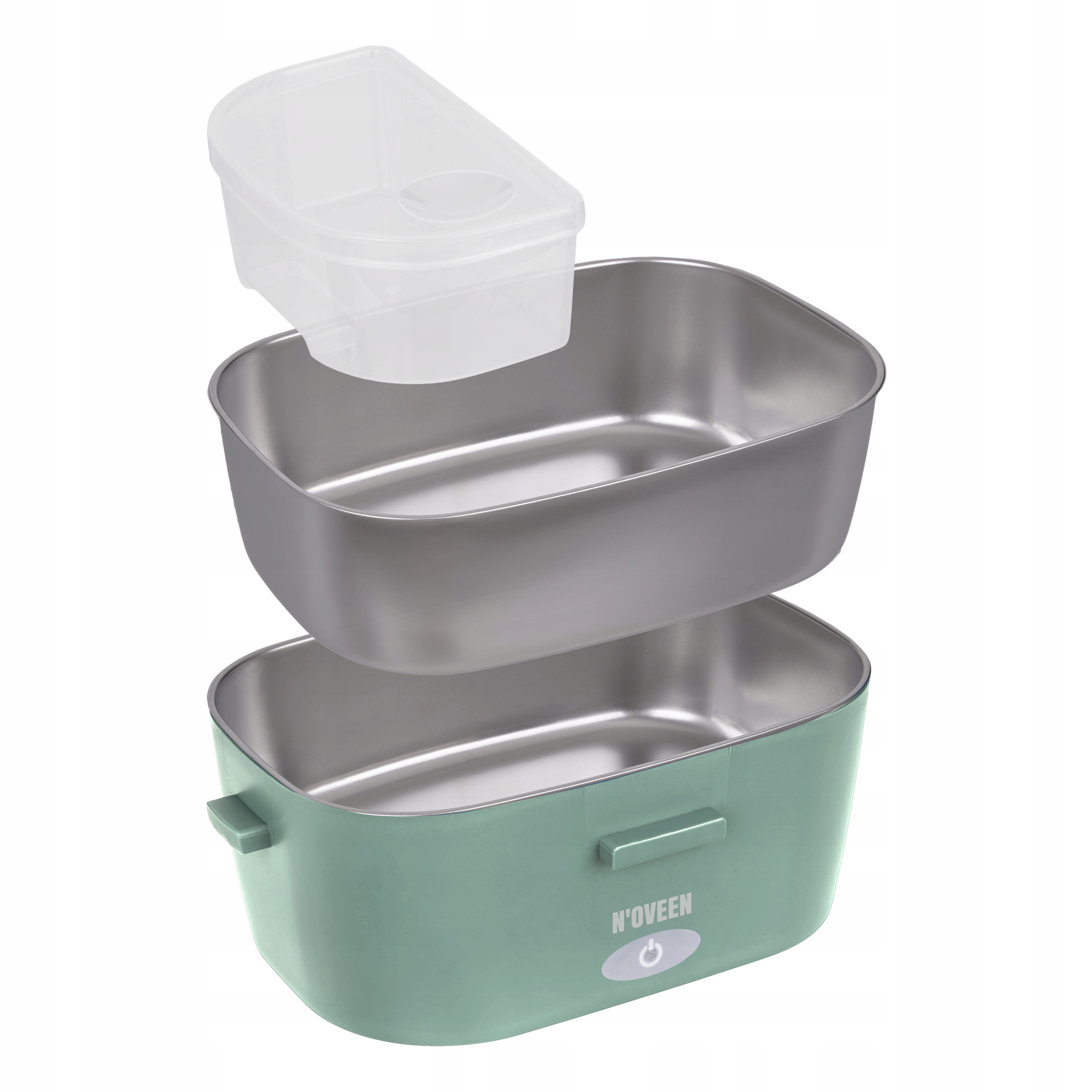 Base verde per lunch box con inserto argentato e coperchio trasparente.