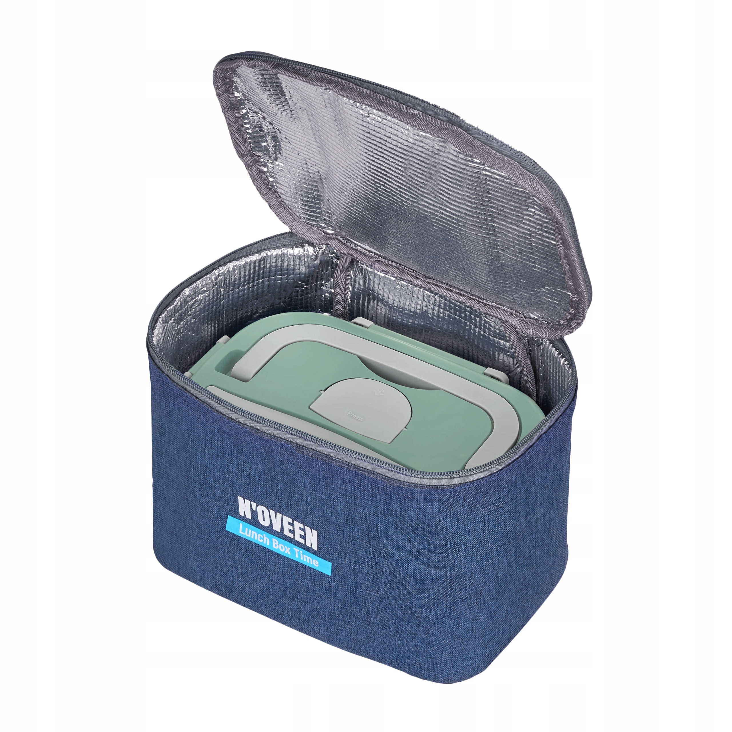 Una borsa pranzo termica blu scuro con interno argentato e contenitore verde.