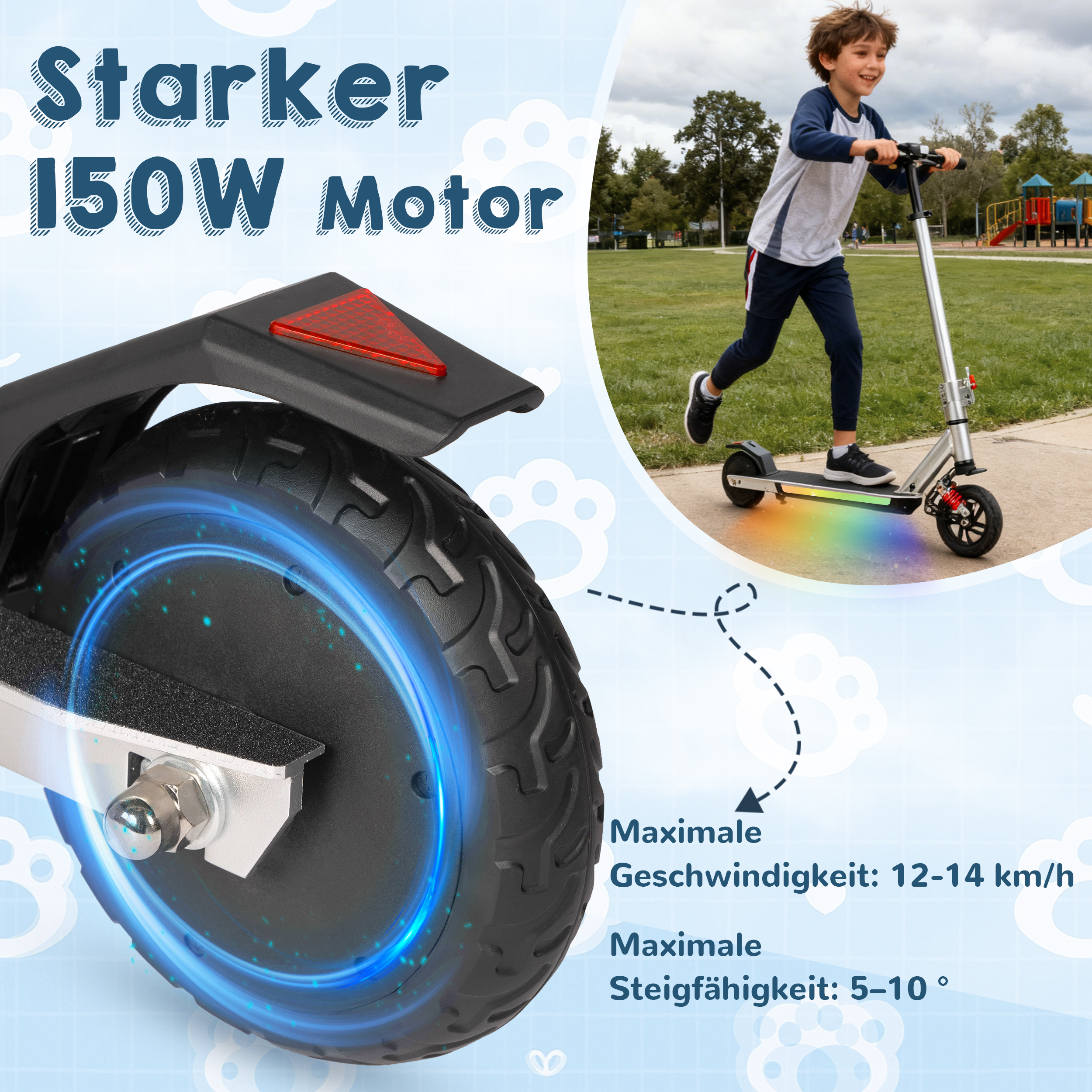 Ein Junge fährt einen E-Scooter mit bunten Lichtern. Nahaufnahme des Hinterrads.