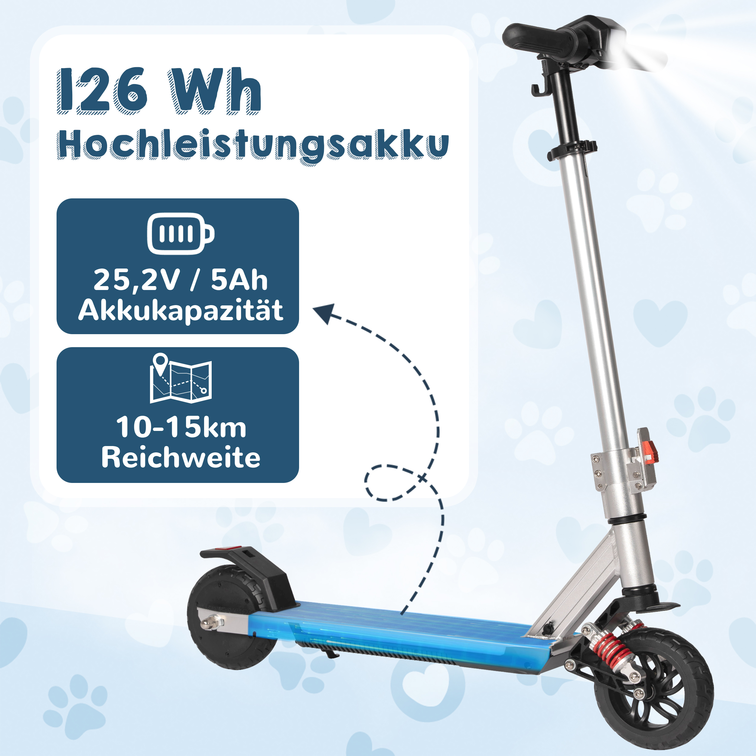 Elektroroller mit 126 Wh Akku, 25,2V/5Ah, 10-15km Reichweite, LED-Licht.