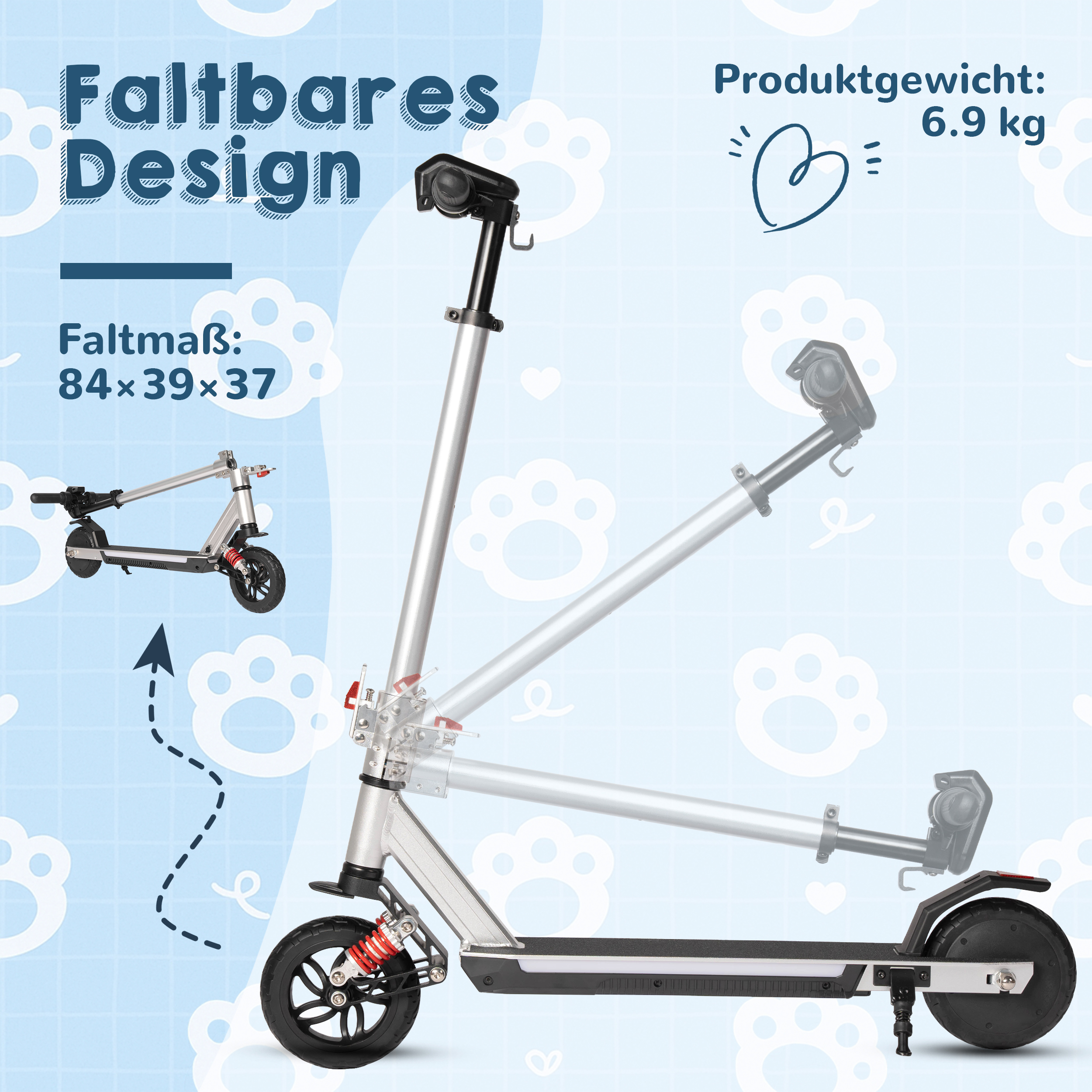 Ein silberner Scooter mit faltbarem Design, 6,9 kg Gewicht, Maße 84x39x37.