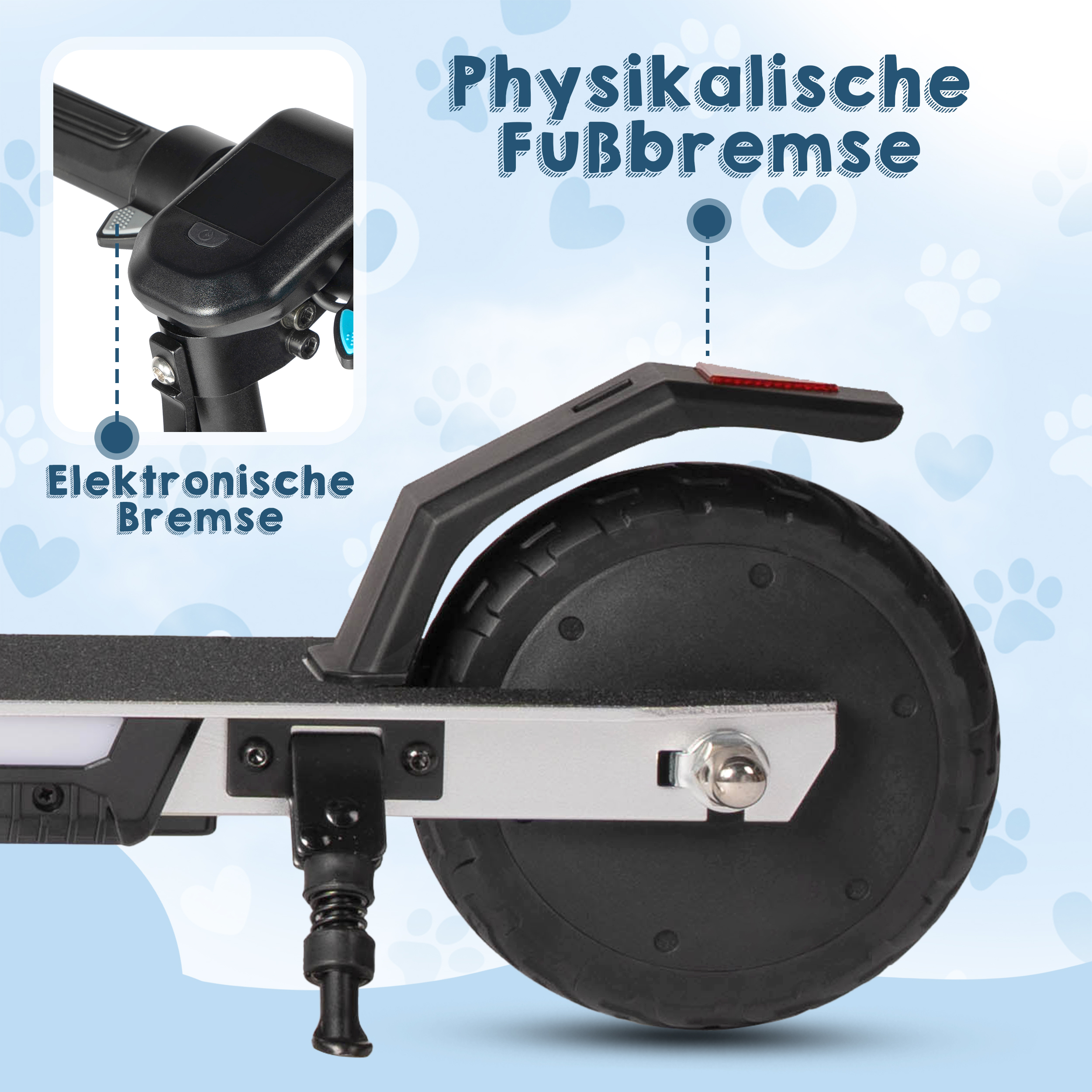 Detailansicht eines Elektrorollers mit Fokus auf die Bremsen.