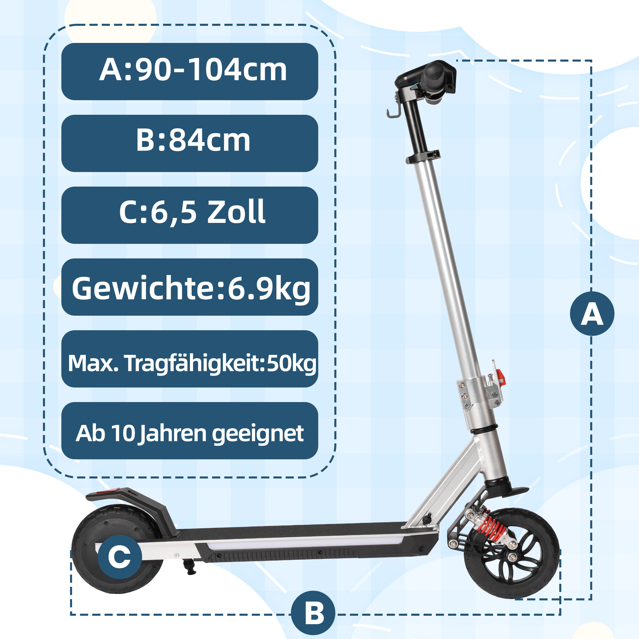 Ein silberner Elektroroller mit Daten zu Größe, Gewicht und Alter.