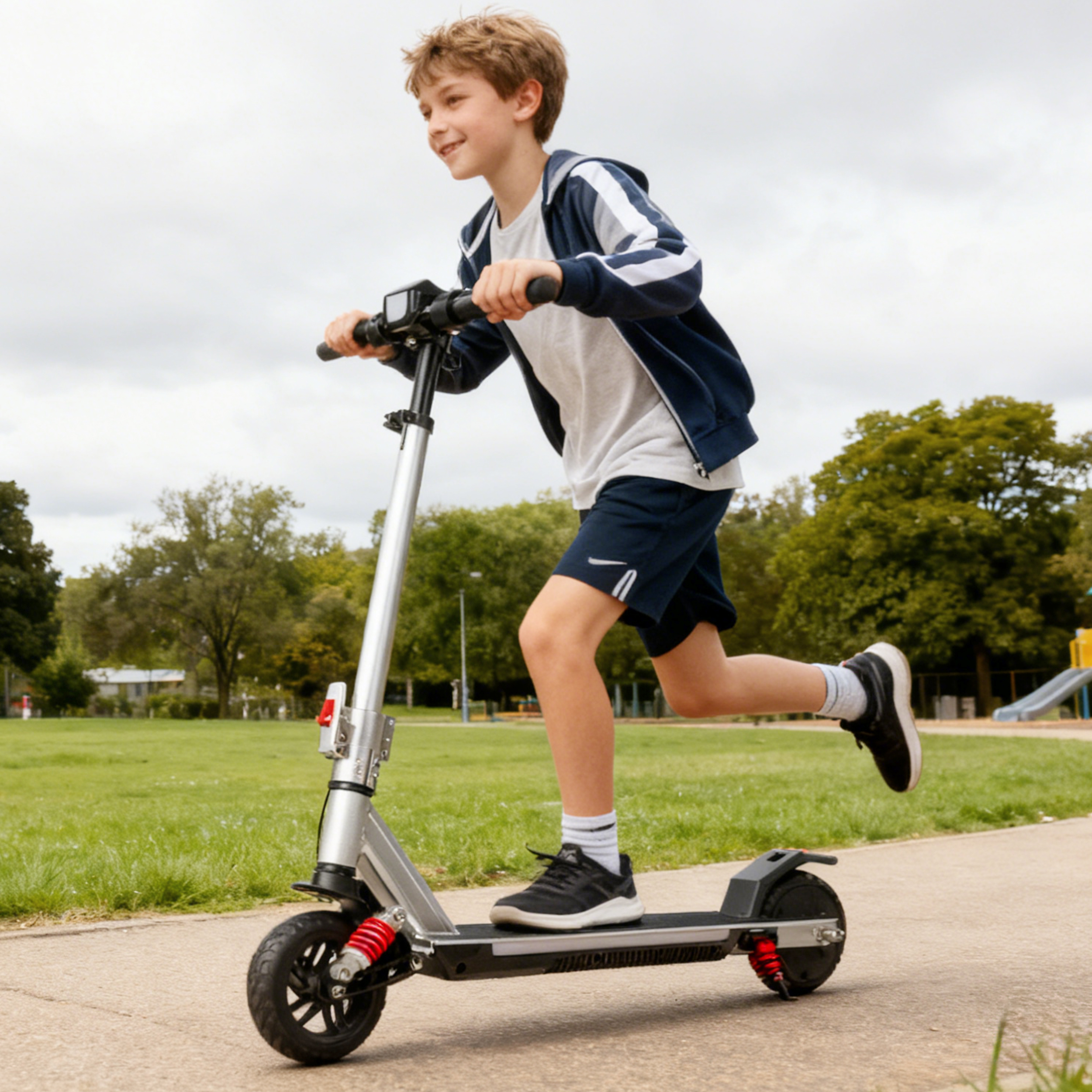 Ein Junge fährt einen E-Scooter im Park.