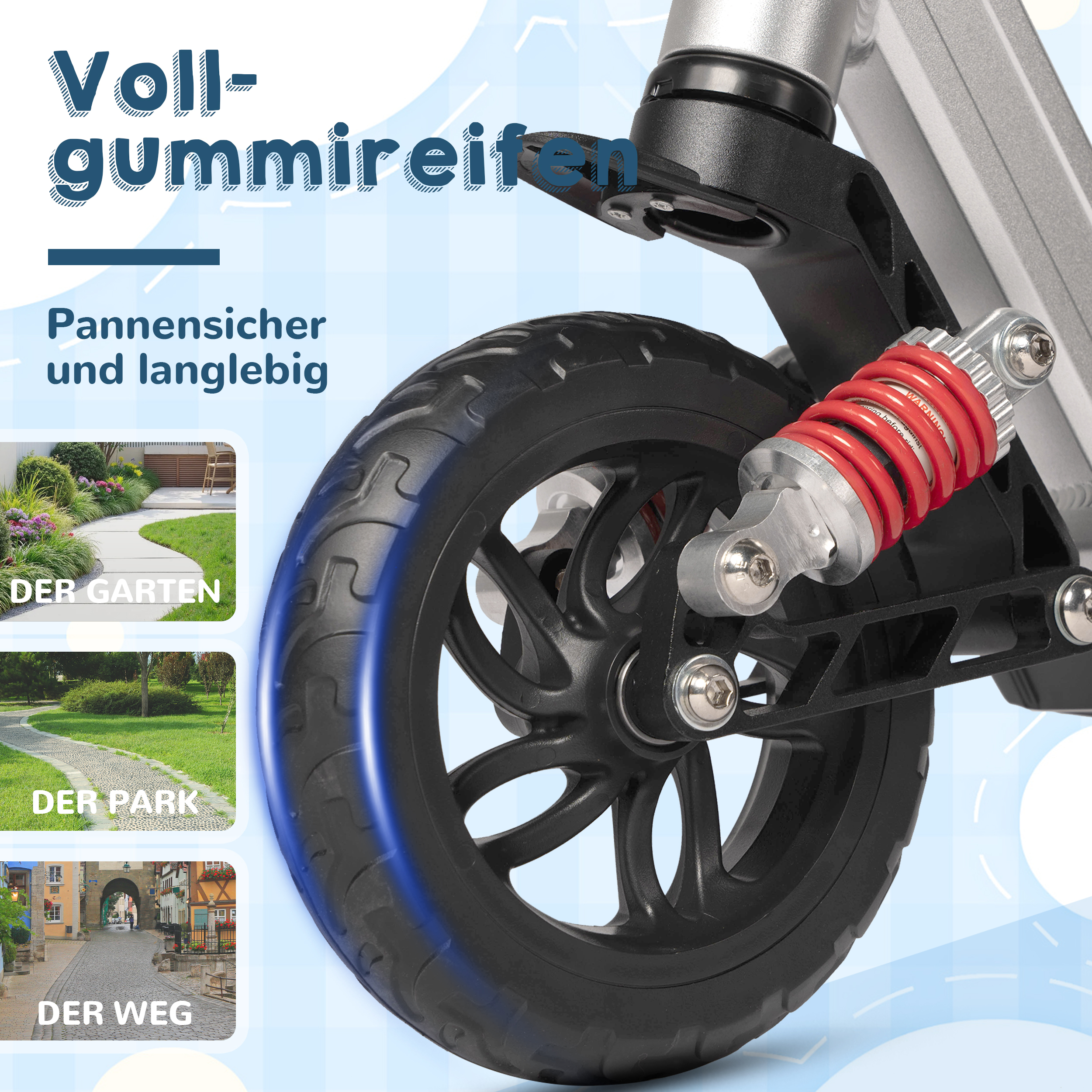 Nahaufnahme eines Rollers mit Vollgummireifen und Stoßdämpfer. Kleinere Bilder zeigen einen Garten, Park und Weg.