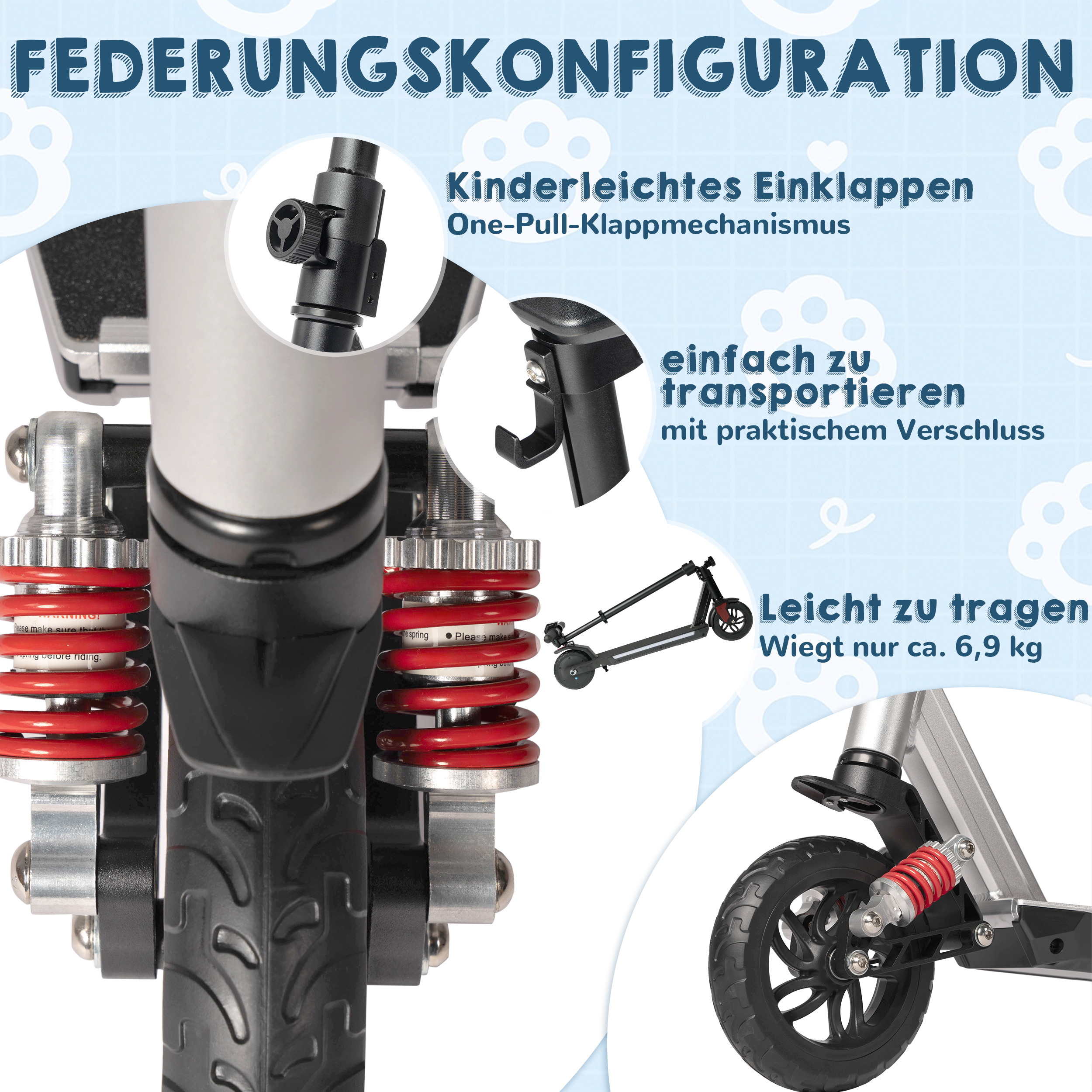 Federungskonfiguration: Einklappen, Transportieren, Tragen.