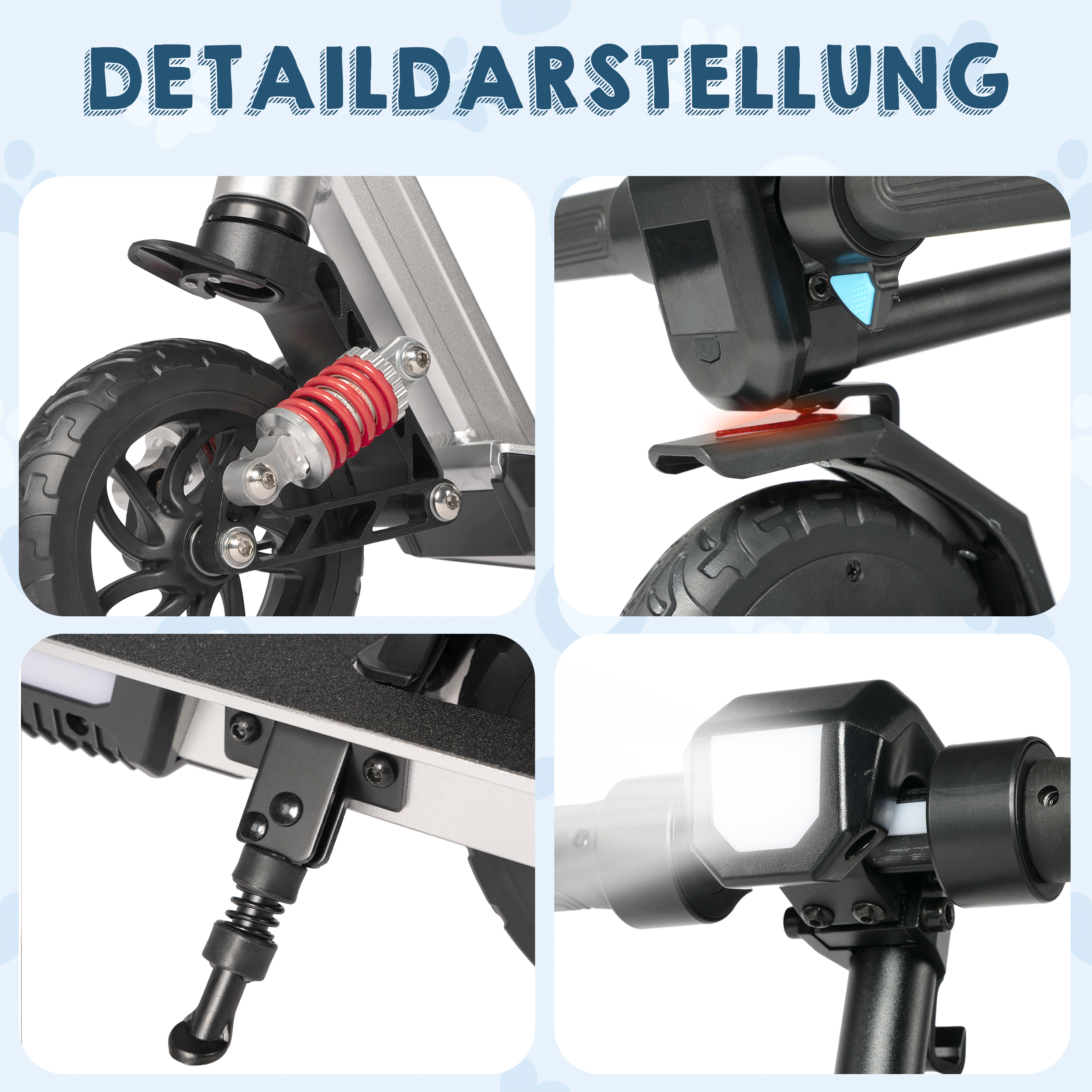Details eines Elektrorollers: Federung, Hinterrad, Ständer, Vorderlicht.