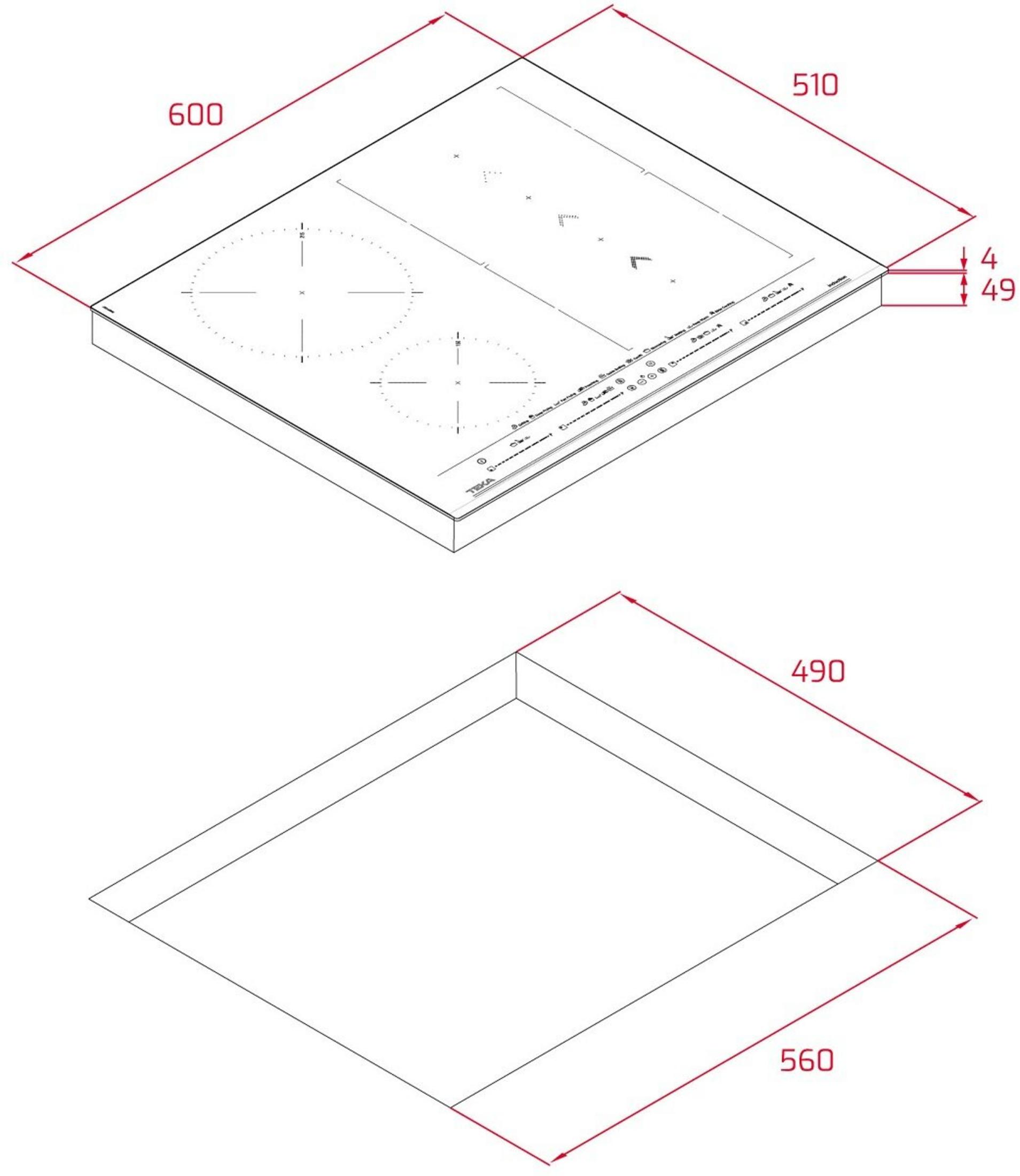 Rysunek płyty grzejnej o wymiarach 600x510x49mm i wycięciu 560x490mm.