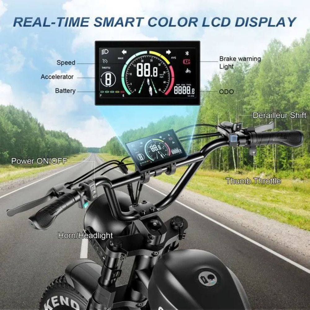 Manillar de bicicleta con pantalla digital a color que muestra velocidad, batería y más.