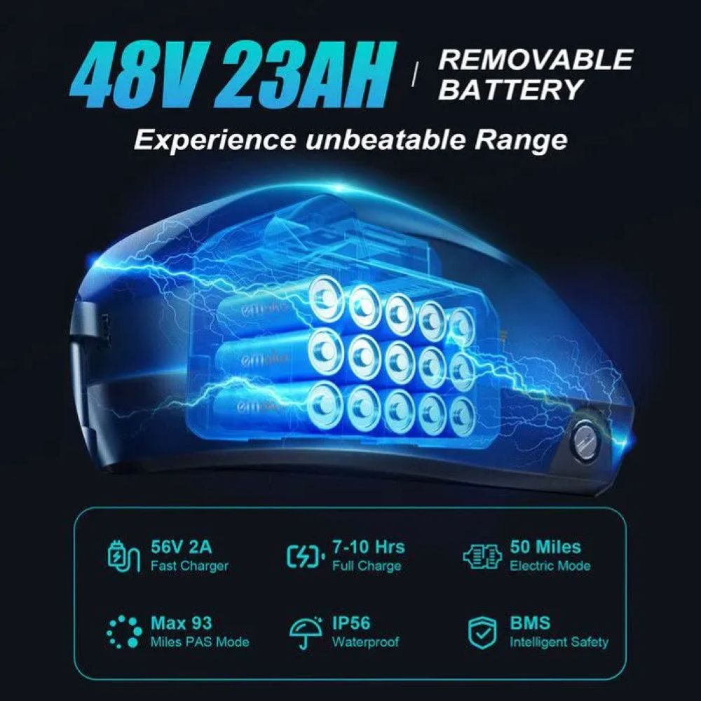 Batería extraíble 48V 23AH con 16 celdas, muestra detalles de alcance y tiempo de carga.
