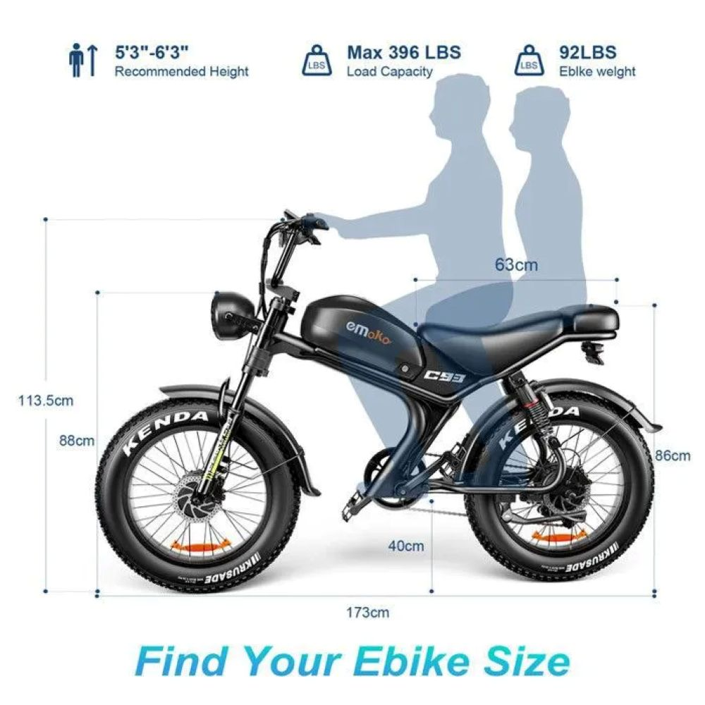 Una e-bike negra con dimensiones y siluetas de ciclistas.