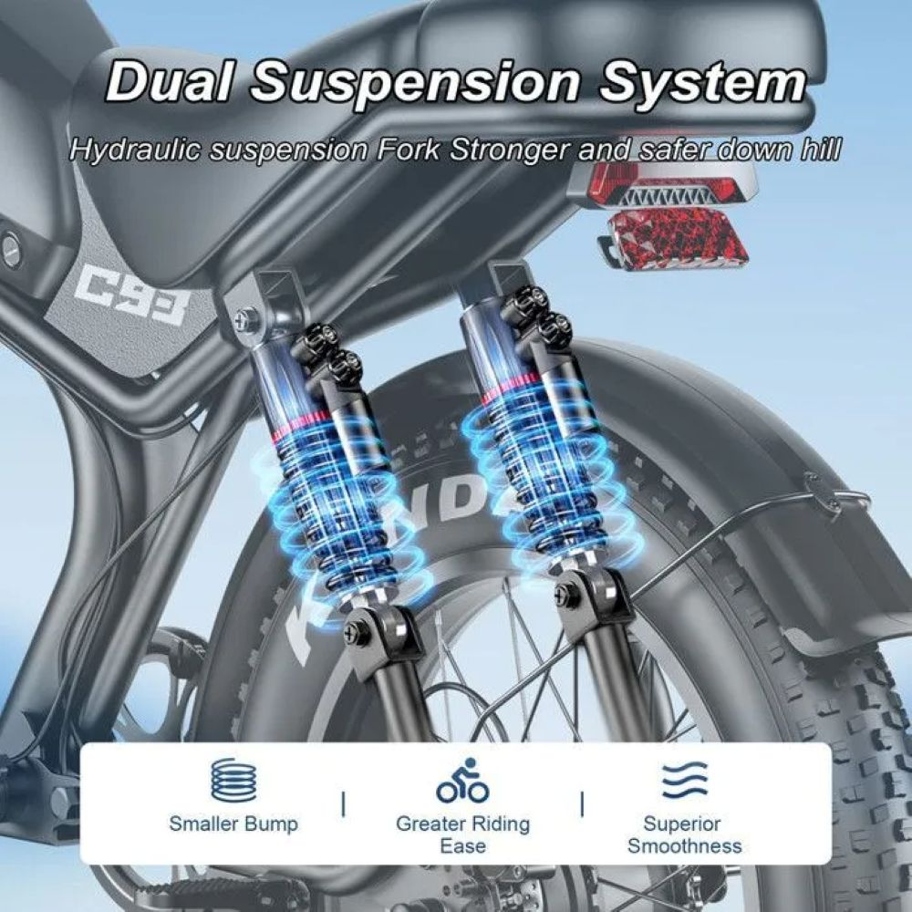 Primer plano de la doble suspensión de bicicleta con resortes azules.