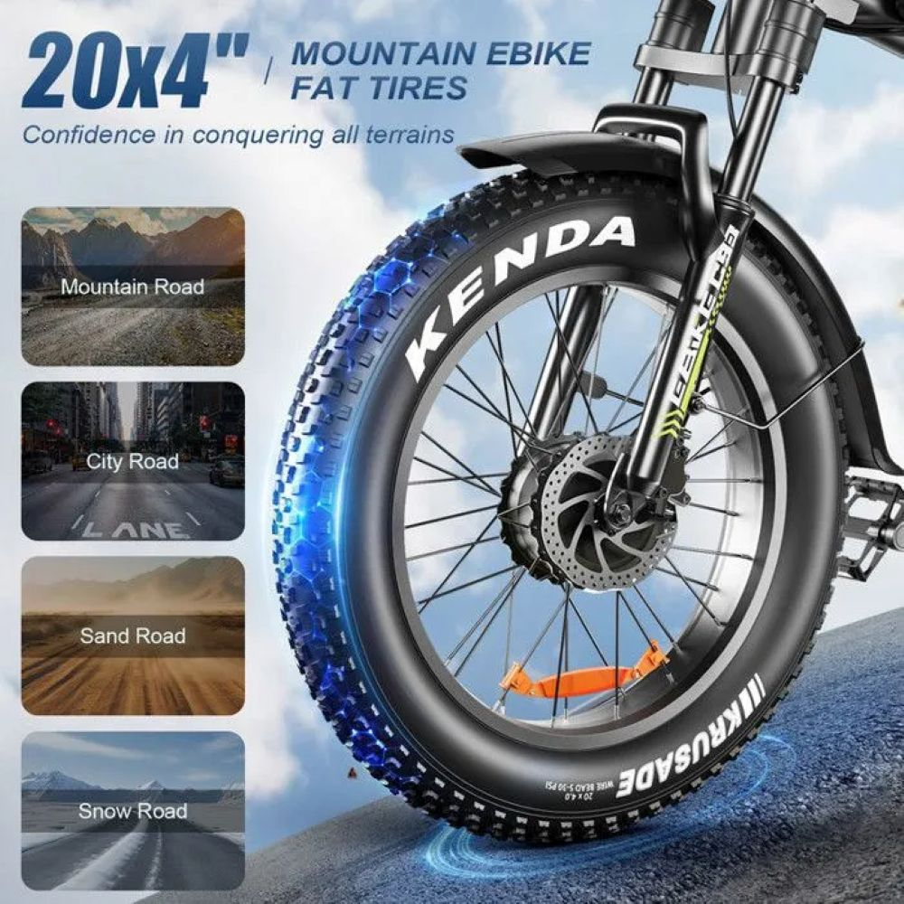 Primer plano de un neumático gordo de e-bike de montaña 20x4", mostrando versatilidad.