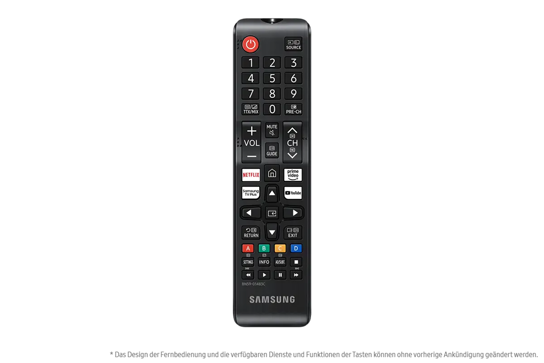 Schwarze Samsung TV-Fernbedienung mit Zifferntasten, Apps und Navigation.