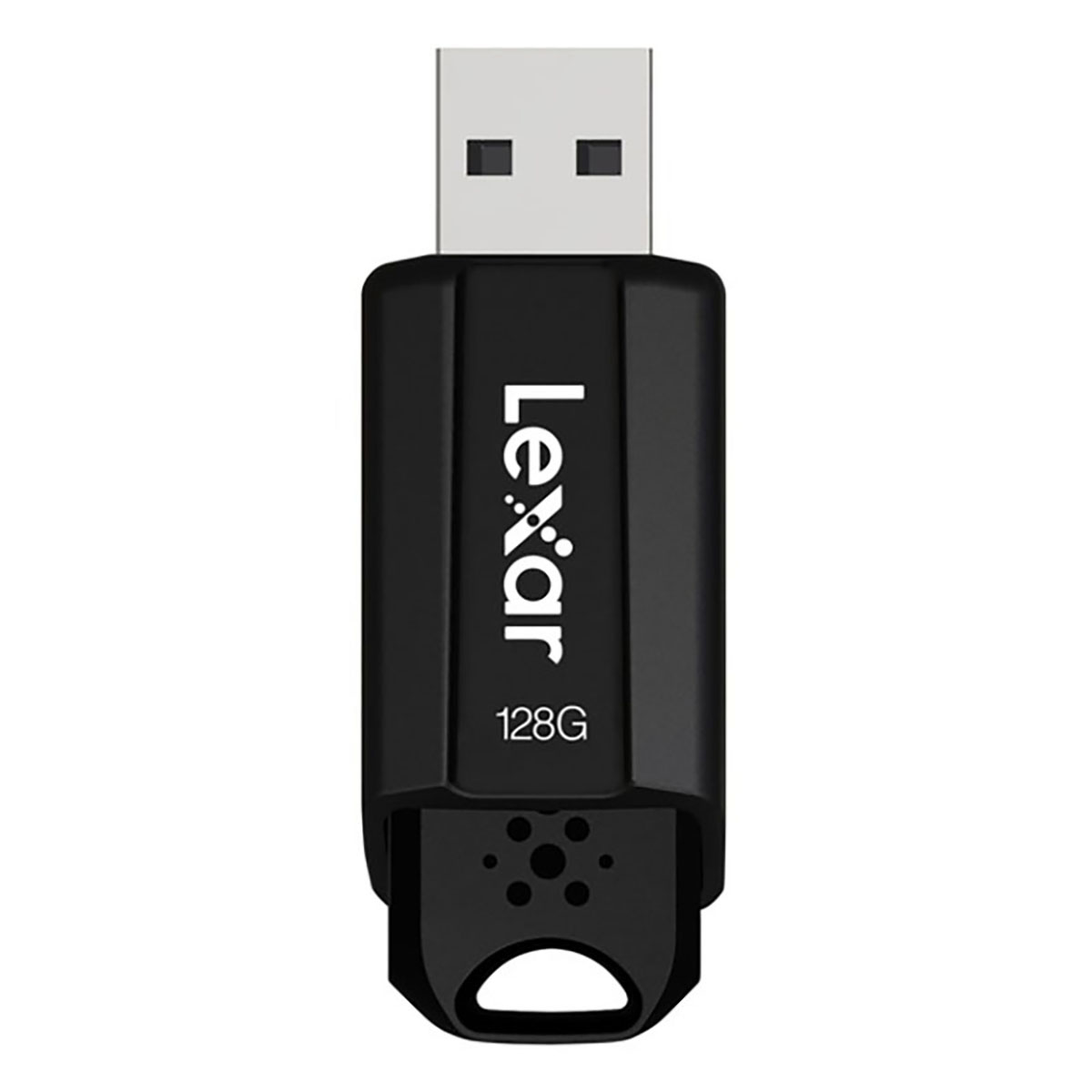 Czarny pendrive Lexar o pojemności 128 GB ze srebrnym złączem.