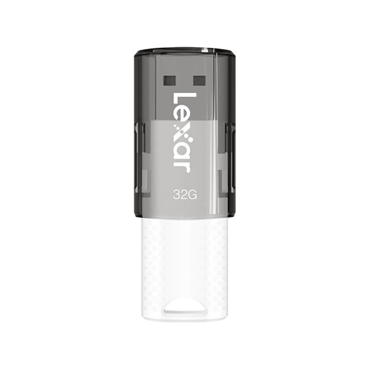 Pendrive Lexar 32G z półprzezroczystą szarą obudową i białym złączem.