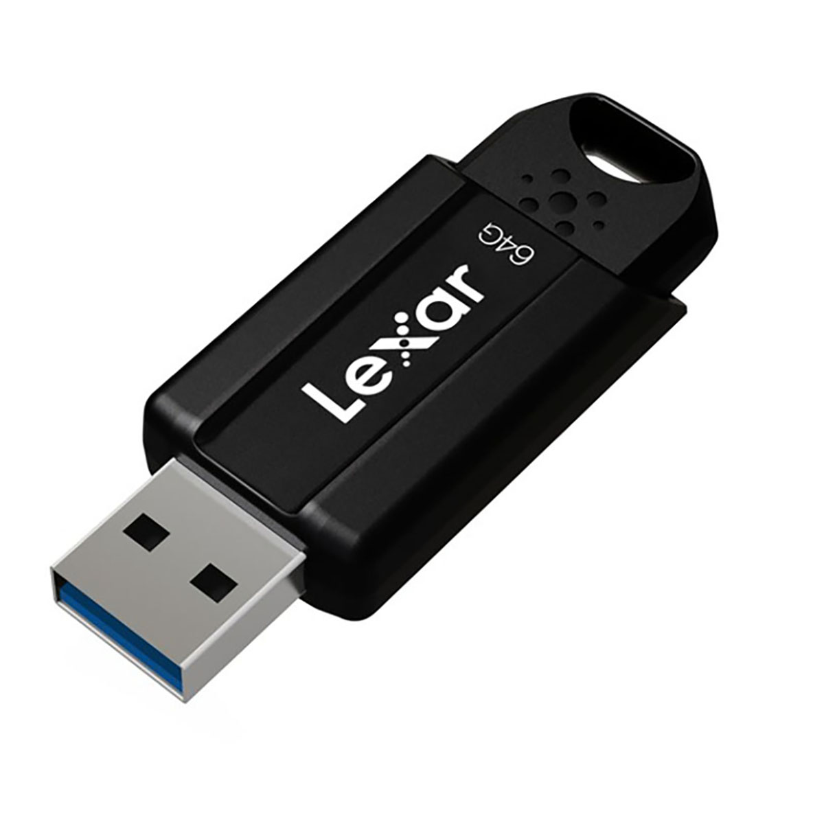 Chiavetta USB Lexar nera da 64 GB con connettore argentato.