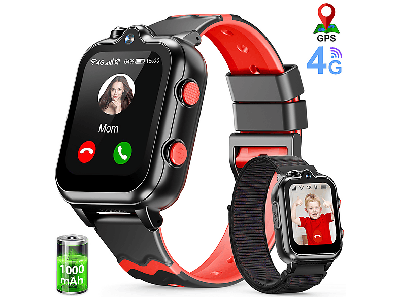 RALIO D35 Kinder Smartwatch ABS Silikon, 200 mm, Schwarz，Kinderuhr mit GPS, 4G-Telefonie, Doppelarmband, Geschenkbox – das perfekte Weihnachtsgeschenk für Ihr Kind
