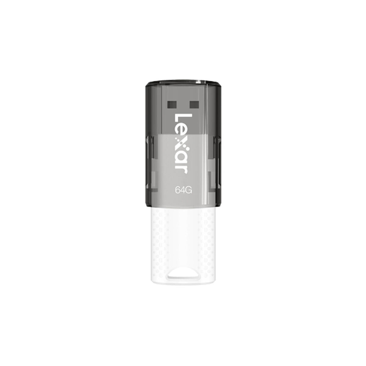 Un'unità USB Lexar da 64GB con custodia trasparente e scritte nere.