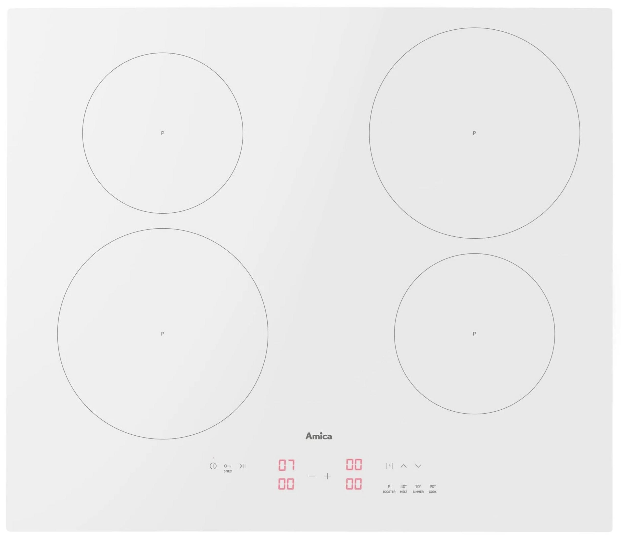 Un piano cottura a induzione bianco con quattro zone di cottura e controlli digitali.