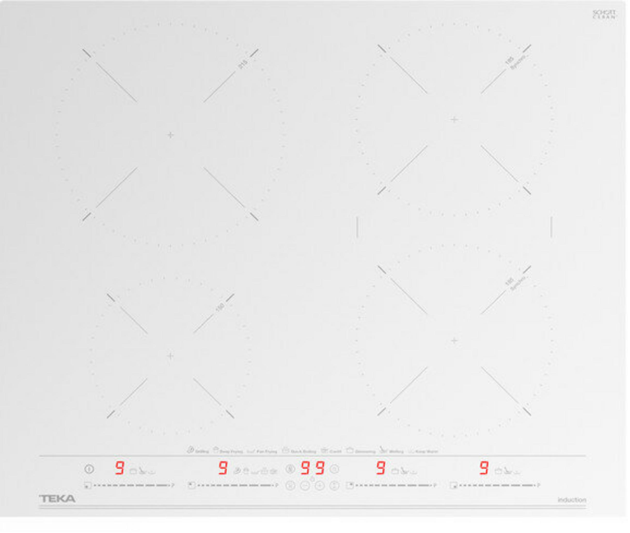 Placa de inducción blanca con cuatro zonas de cocción y pantalla digital.