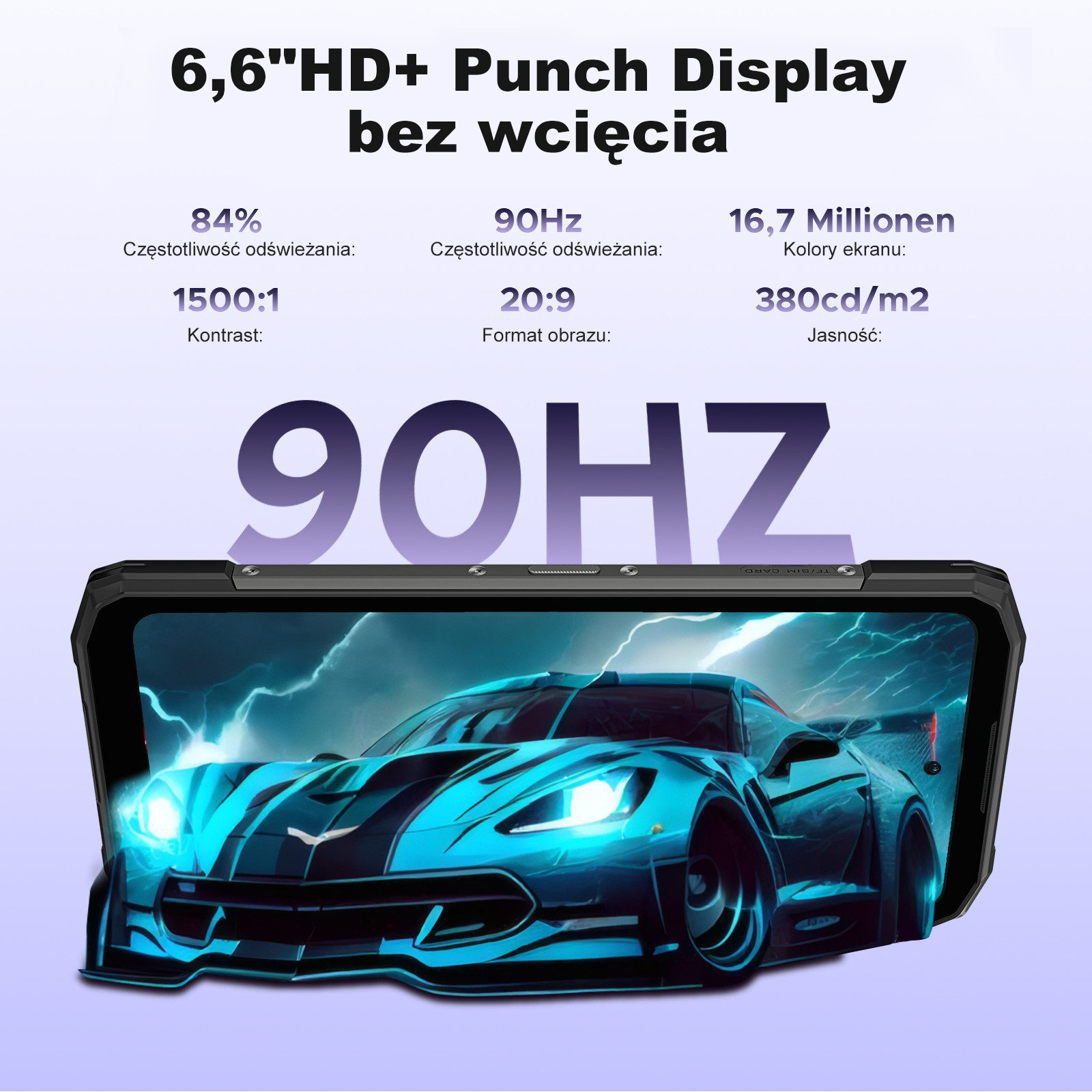 Smartfon z niebieskim samochodem sportowym na ekranie, 90Hz.