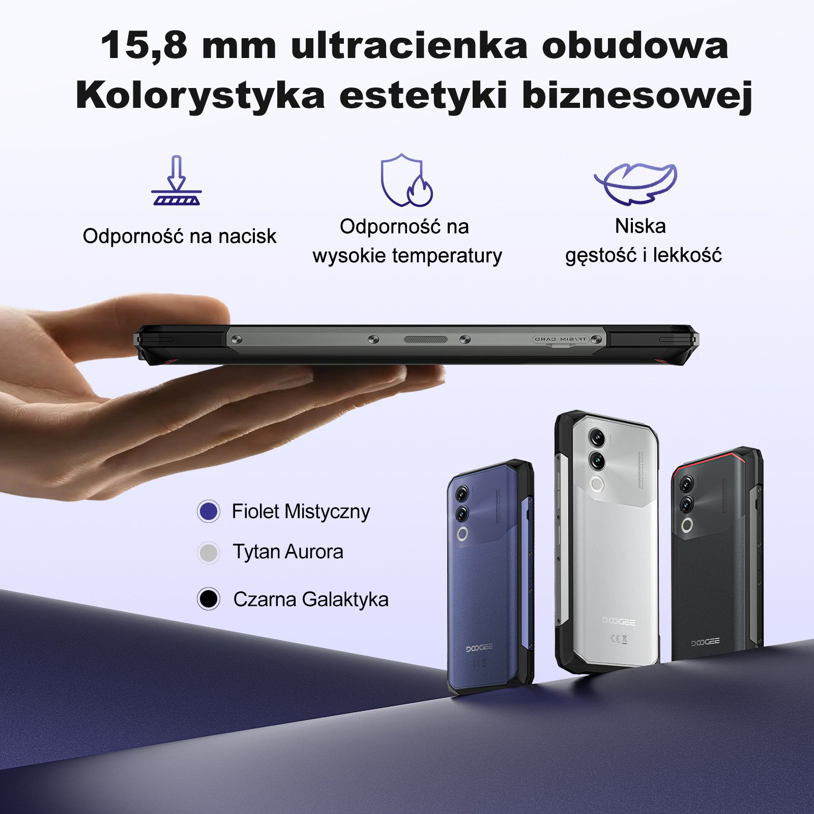 Trzy wytrzymałe smartfony w kolorach: niebieskim, srebrnym i czarnym. Jedno urządzenie jest trzymane.