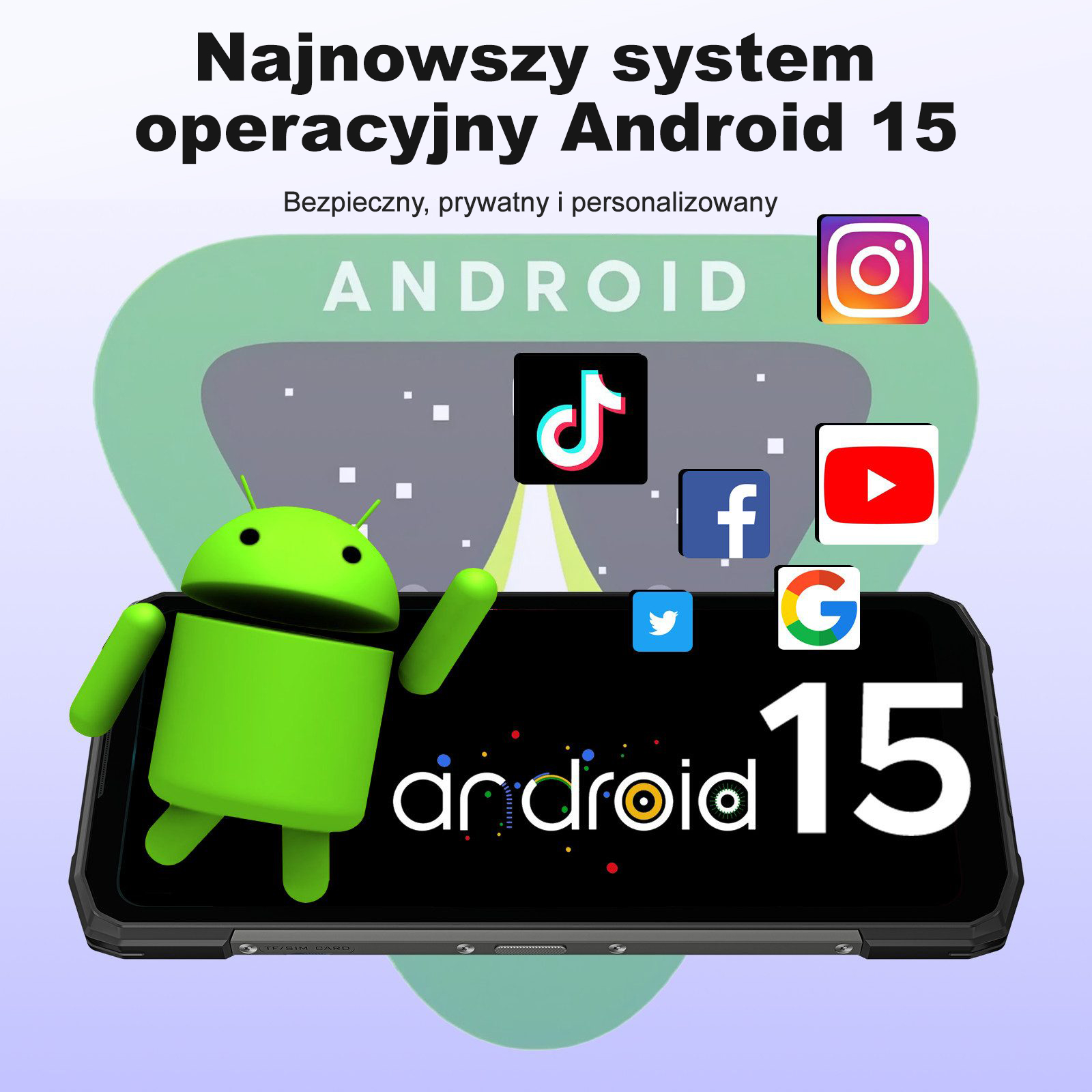 Zielony robot Android obok smartfona z Android 15 i ikonami aplikacji.