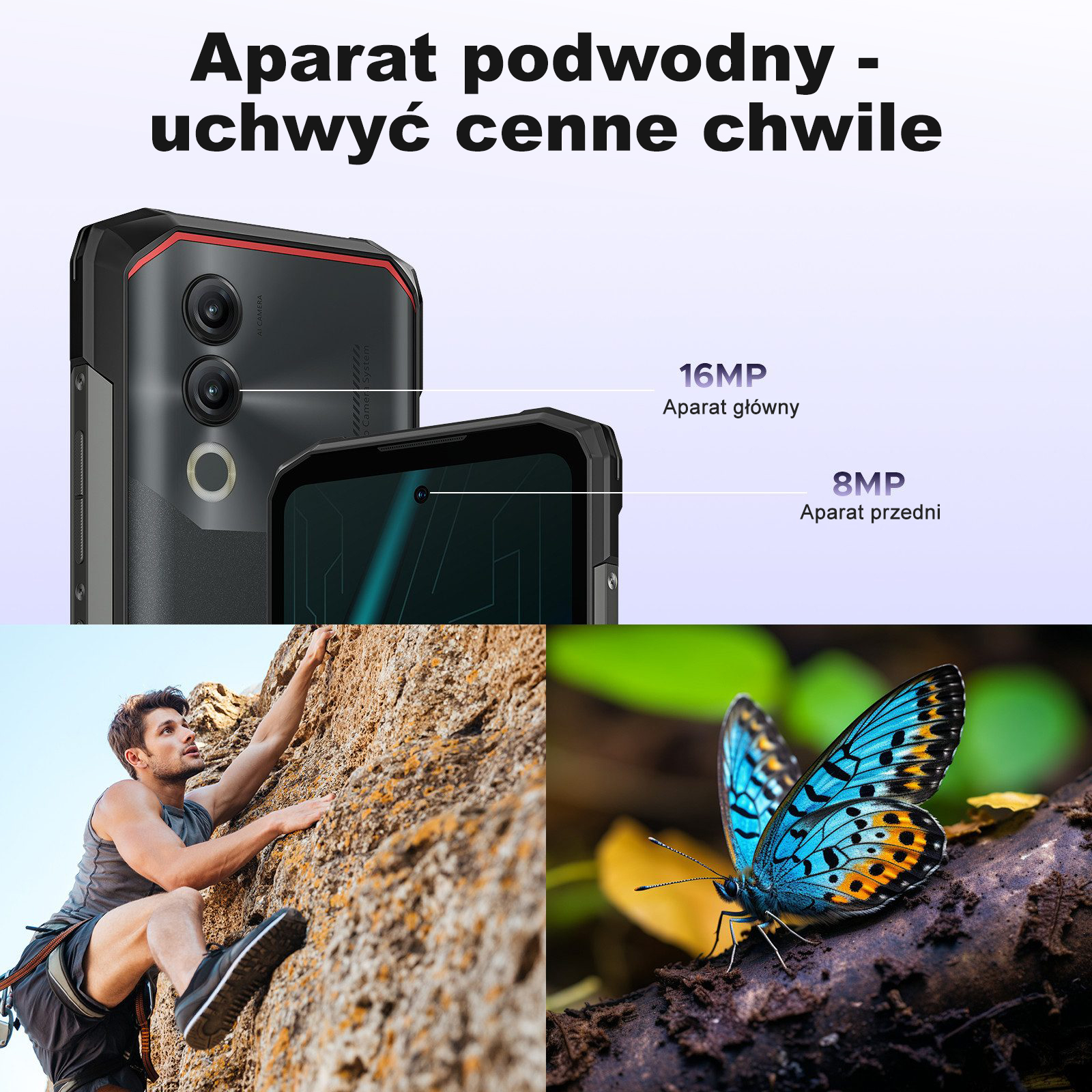 Mężczyzna wspina się, zbliżenie niebieskiego motyla, smartfon.
