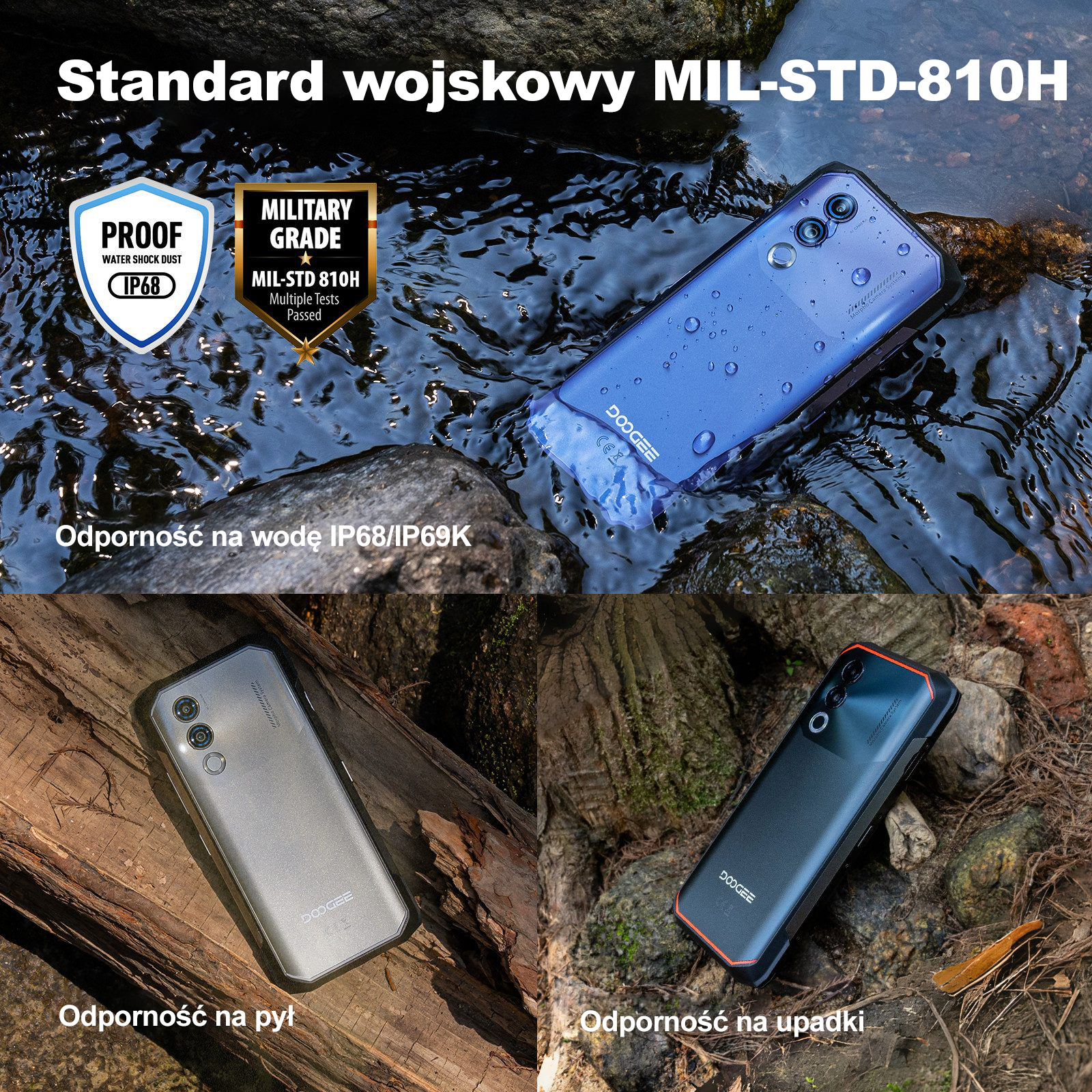 Trzy telefony DOOGEE: niebieski w wodzie, szary na drewnie, czarny na skałach.