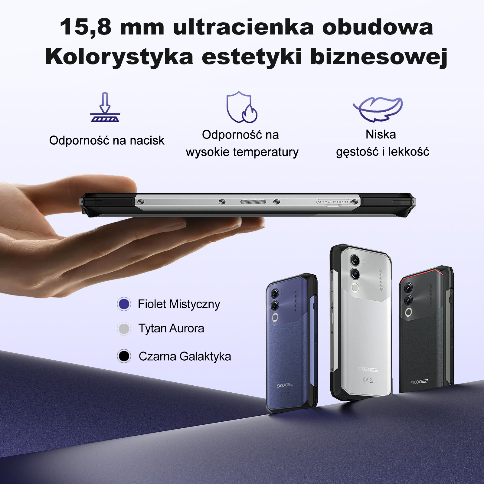 Smartfon w trzech opcjach kolorystycznych: fioletowy, srebrny i czarny. Cienki i wytrzymały.
