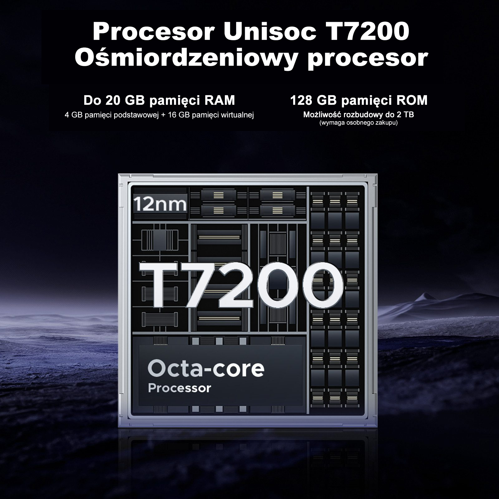 Procesor Unisoc T7200 Octa-Core, 12nm, 20GB RAM, 128GB ROM.