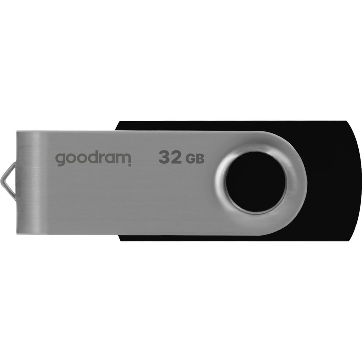 Srebrny pendrive 32 GB z czarnym korpusem i otworem do mocowania.