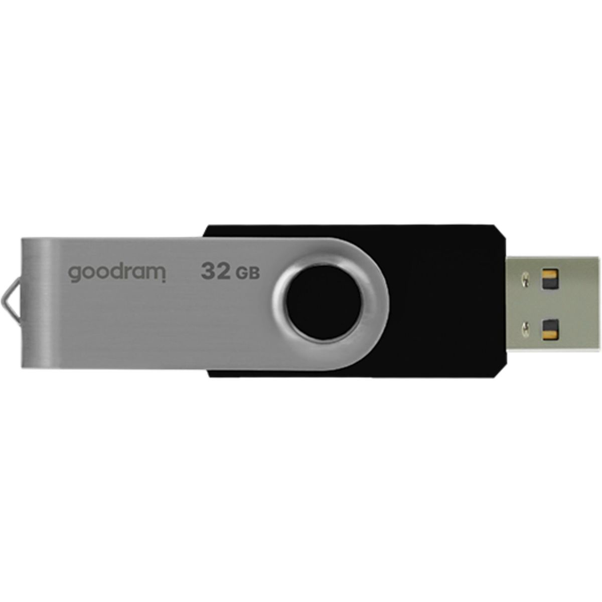 Srebrny pendrive 32 GB z czarną obudową i obrotową zatyczką.