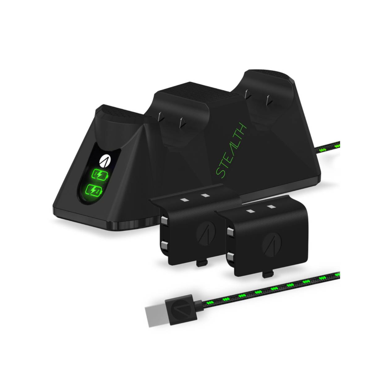 Dock di ricarica Stealth nero con due batterie e cavo USB.