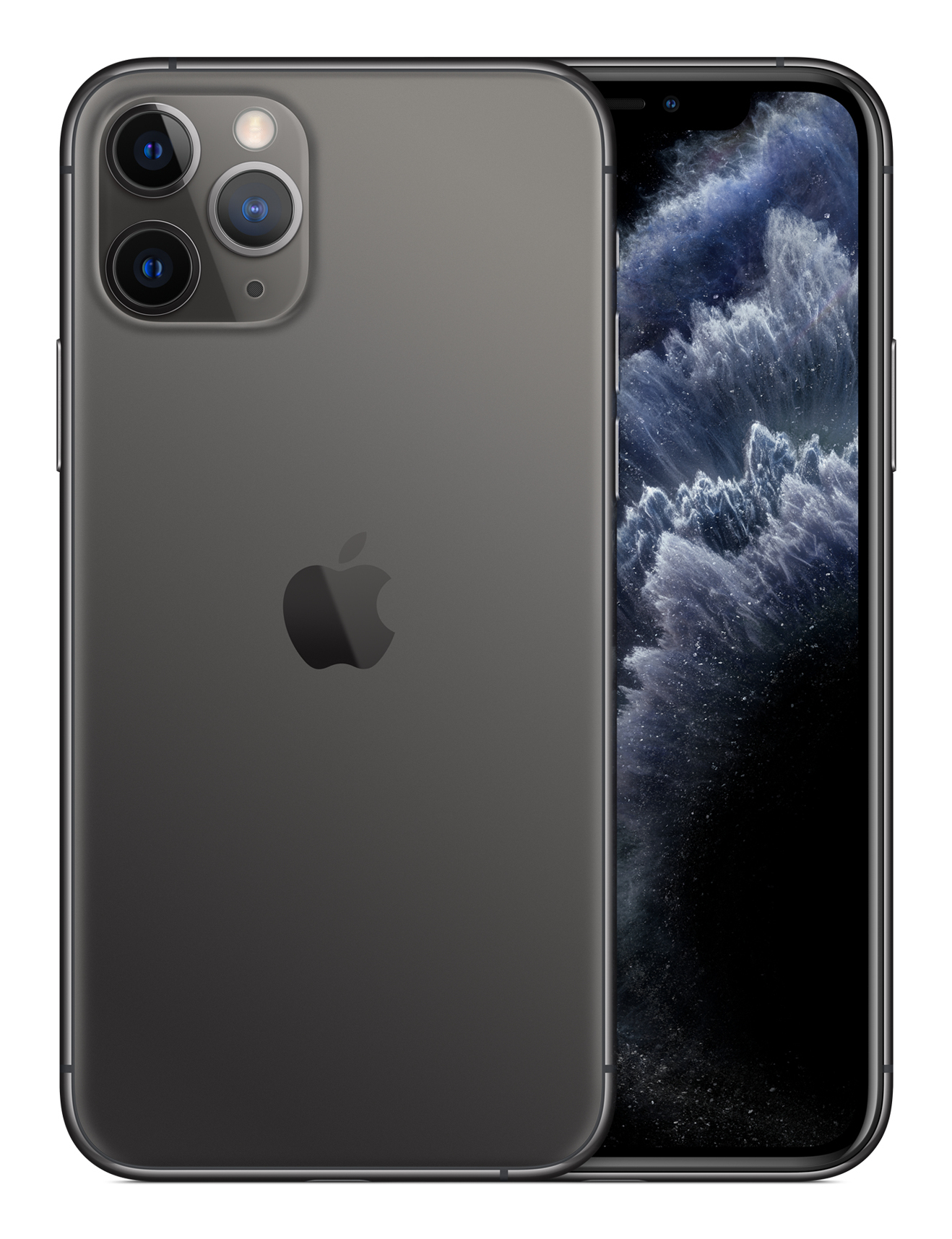 Szary iPhone z trzema tylnymi aparatami, logo Apple i włączonym ekranem.