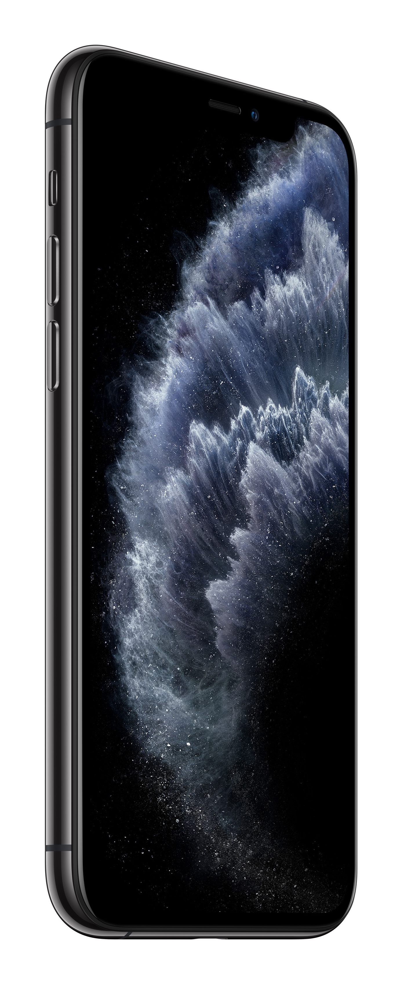Czarny smartfon z kosmiczną tapetą na ekranie.