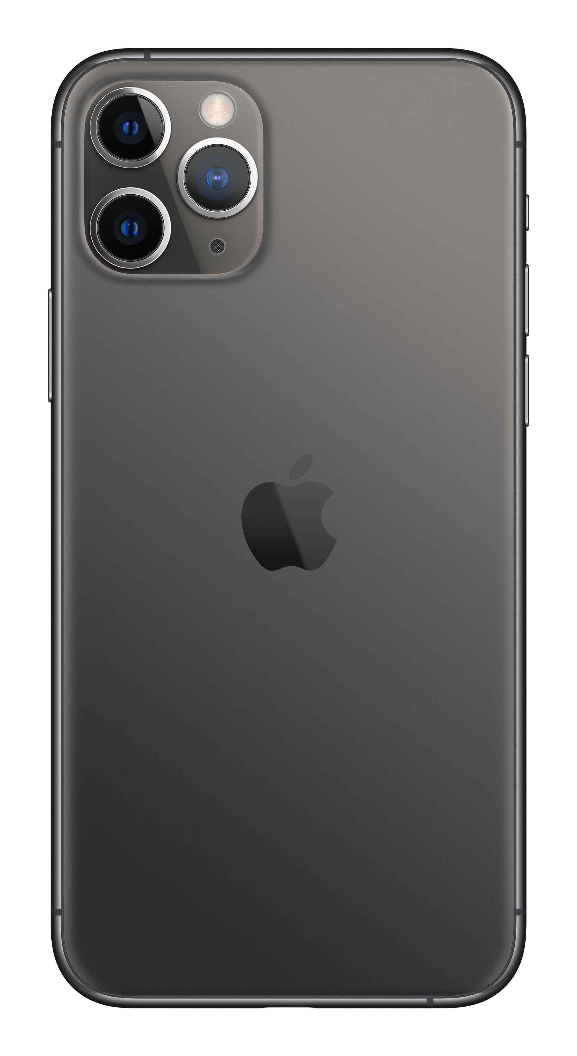 Tył ciemnego iPhone'a z trzema aparatami i logo Apple.