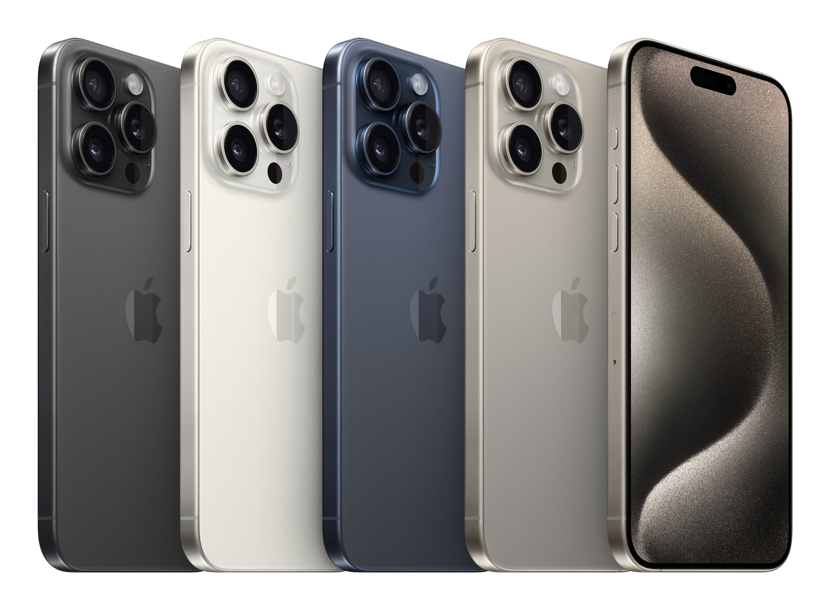 Cztery iPhone w kolorach szarym, białym, niebieskim i złotym stoją obok siebie.