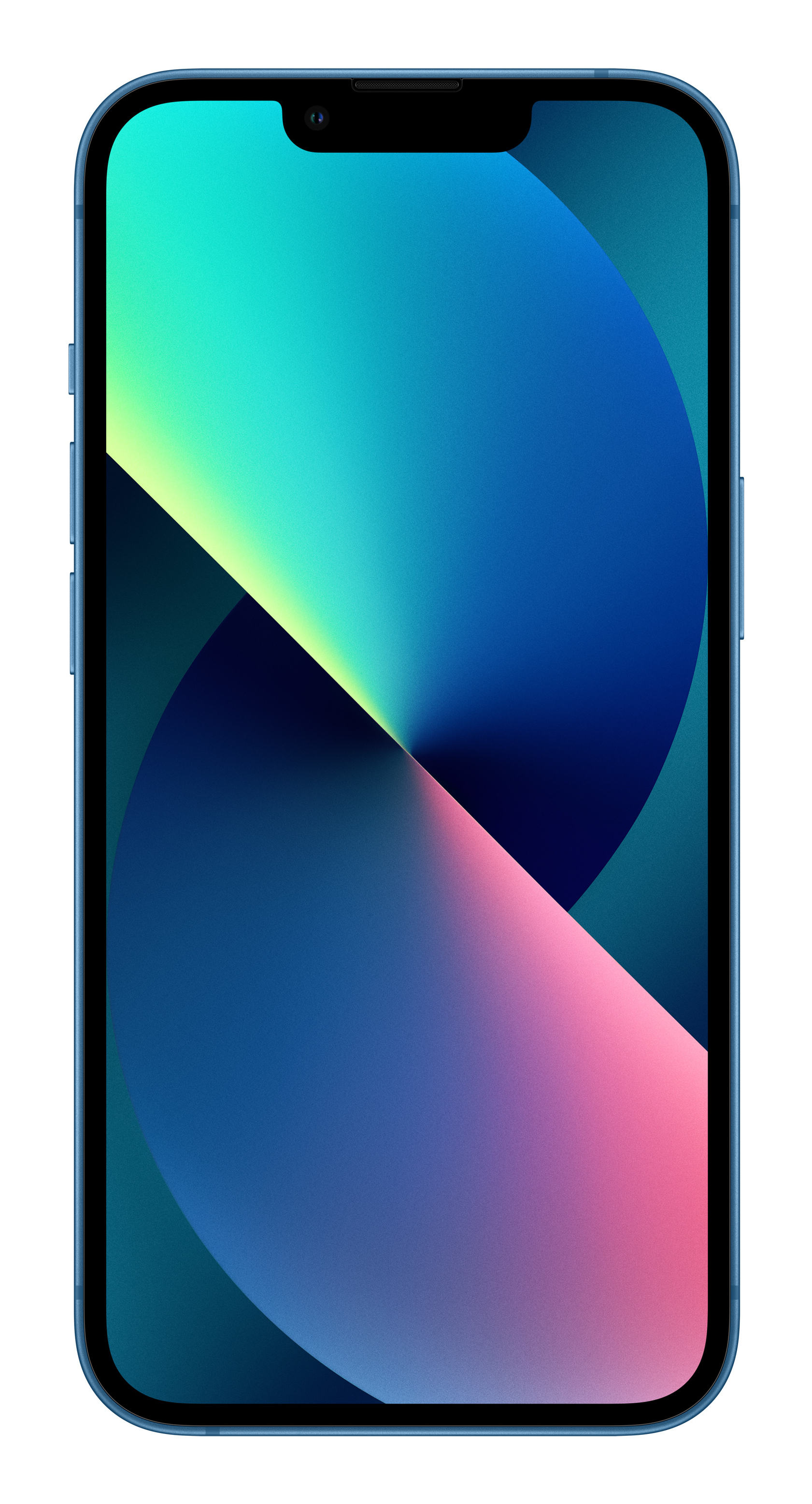 Niebieski smartfon wyświetlający tapetę z gradientem w odcieniach niebieskiego, zieleni i różu.