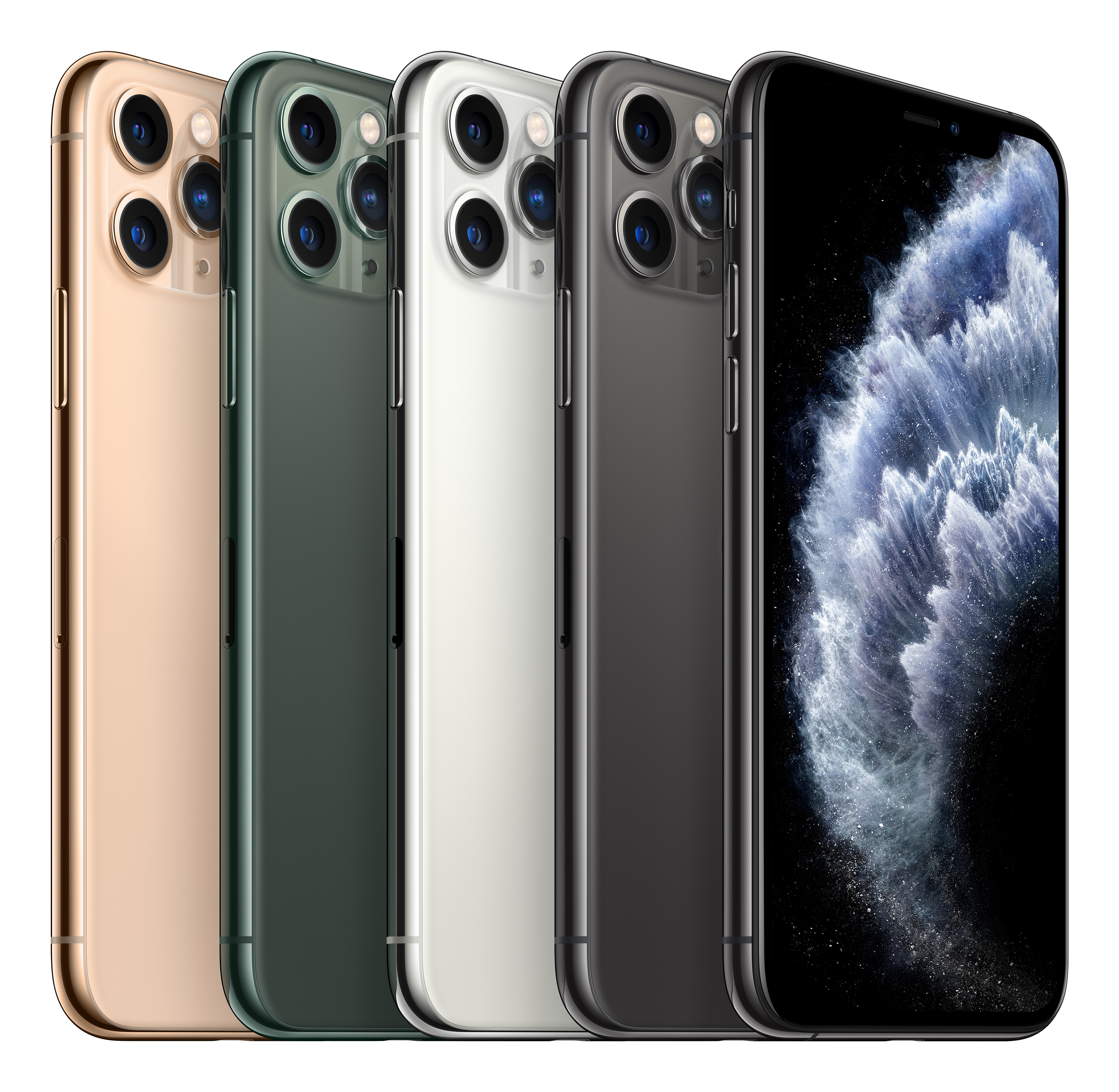 Cztery iPhone w kolorach złotym, zielonym, białym i czarnym stoją obok siebie.