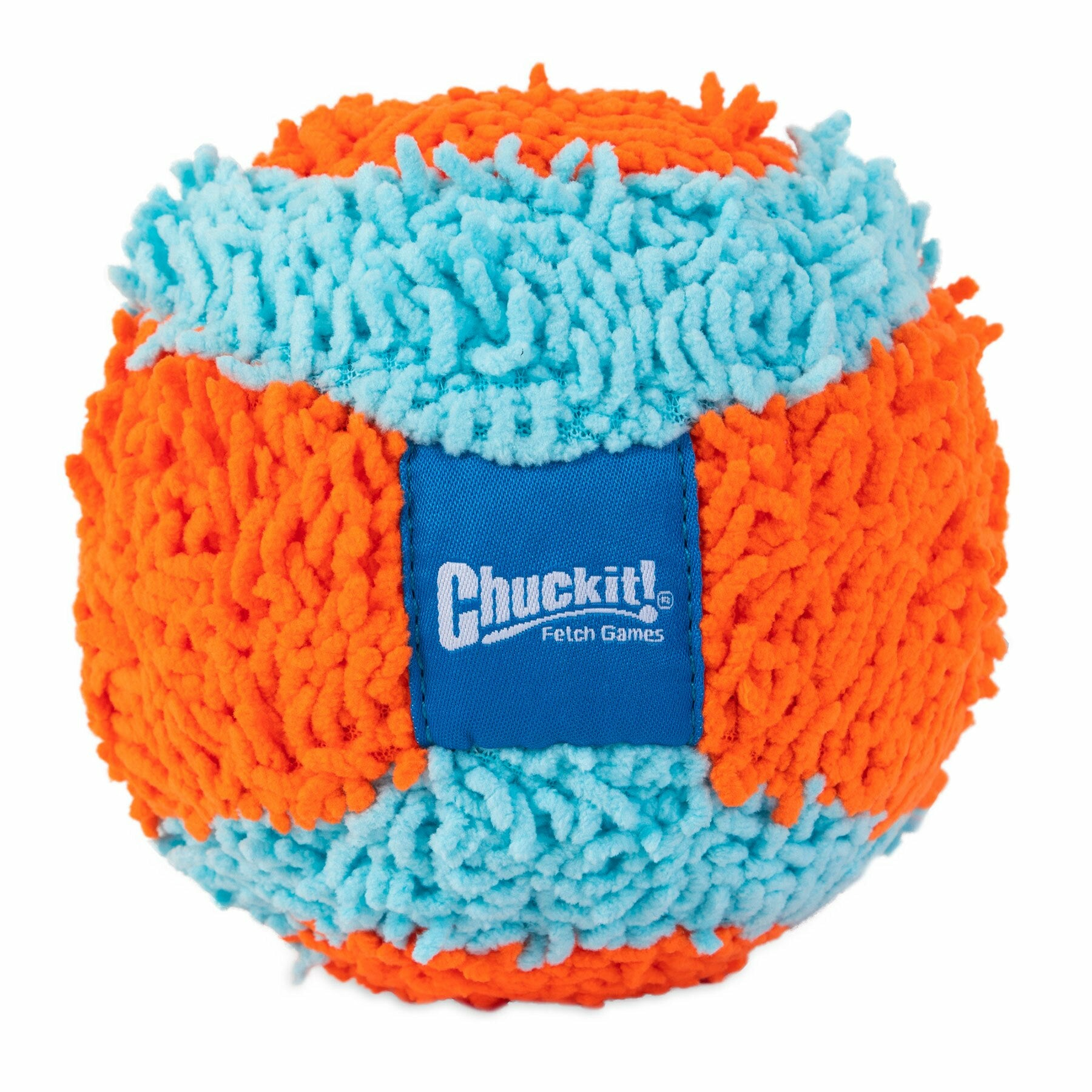 Una palla arancione e azzurro con etichetta "Chuckit! Fetch Games".